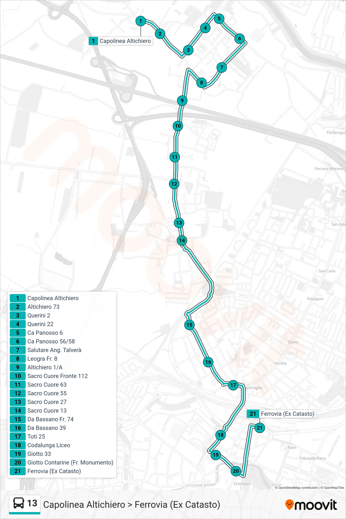 13 tram Line (Altichiero Terminal > Railway (Ex Land Registry)) route and stops on a map