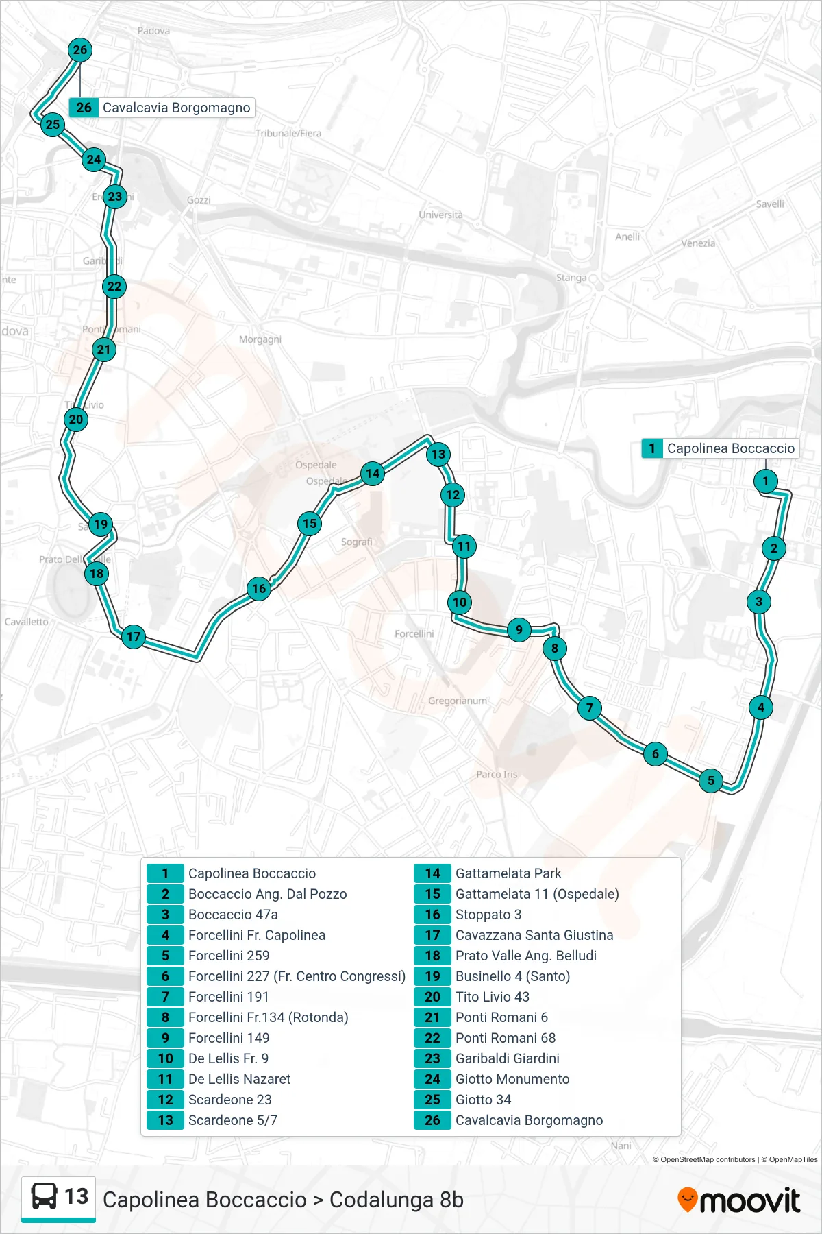 Linea 13 tram (Capolinea Boccaccio > Codalunga 8b) - Percorsi e fermate sulla mappa