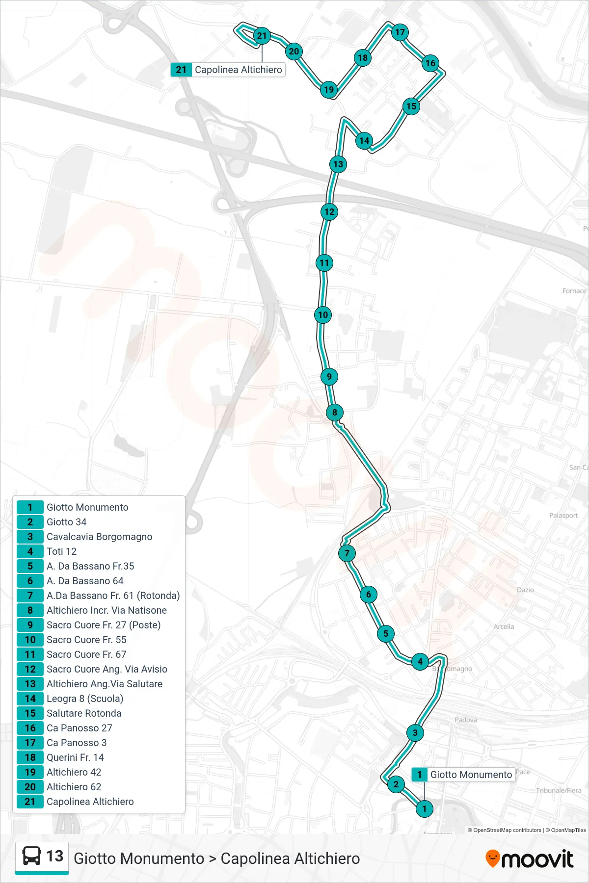 Linea 13  tram (Giotto Monumento > Capolinea Altichiero) - Percorsi e fermate sulla mappa