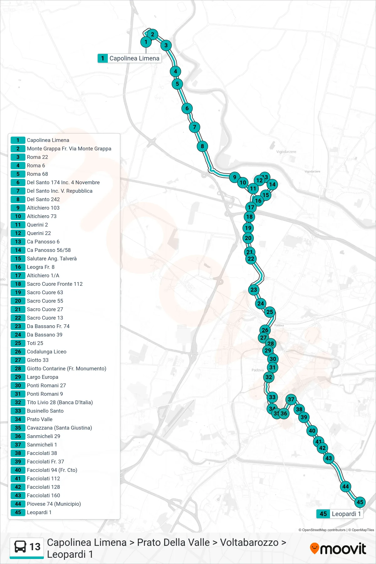 Linea 13  tram (Capolinea Limena > Prato Della Valle > Voltabarozzo > Leopardi 1) - Percorsi e fermate sulla mappa