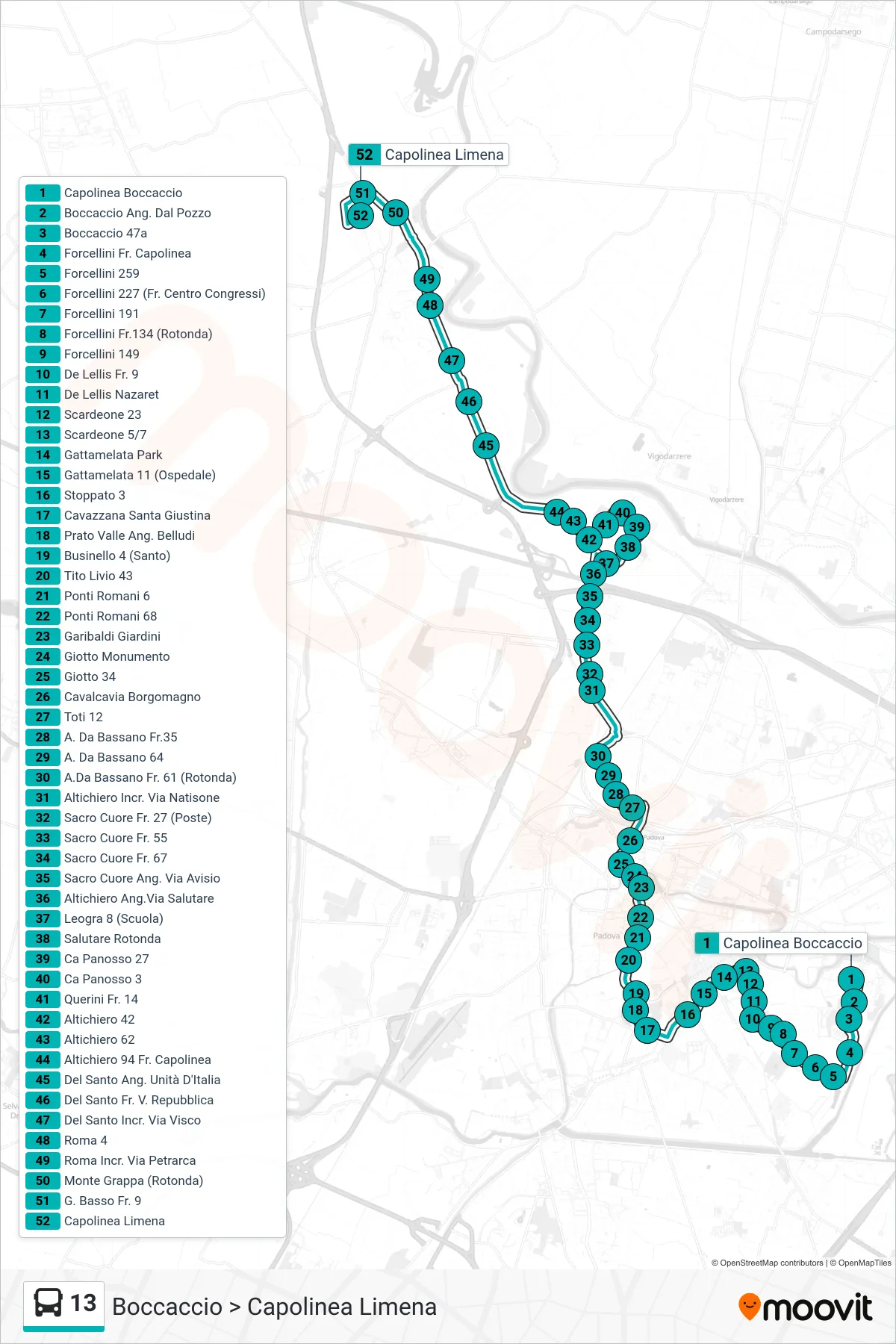 Linea 13 tram (Boccaccio > Capolinea Limena) - Percorsi e fermate sulla mappa