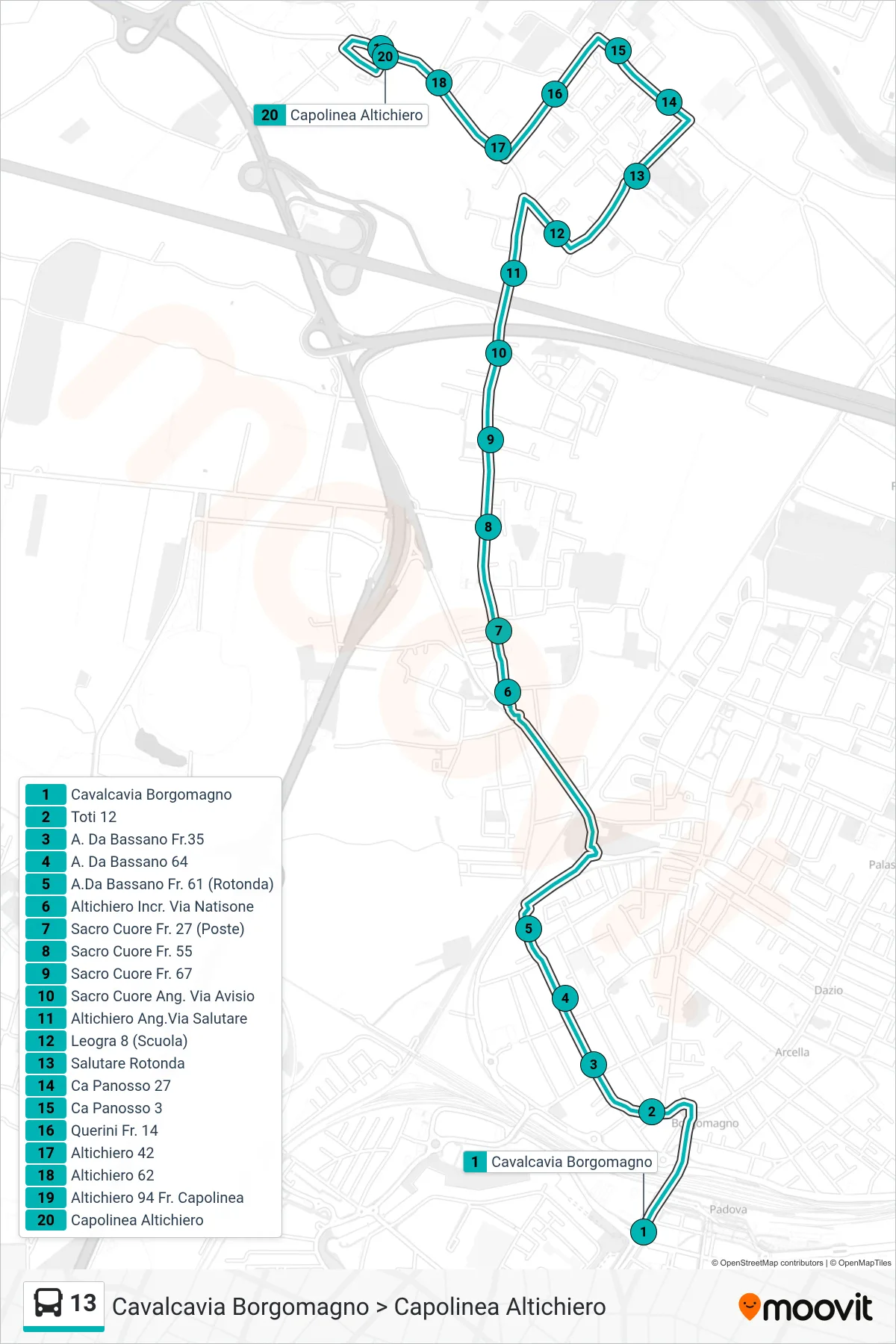 Linea 13  tram (Cavalcavia Borgomagno > Capolinea Altichiero) - Percorsi e fermate sulla mappa
