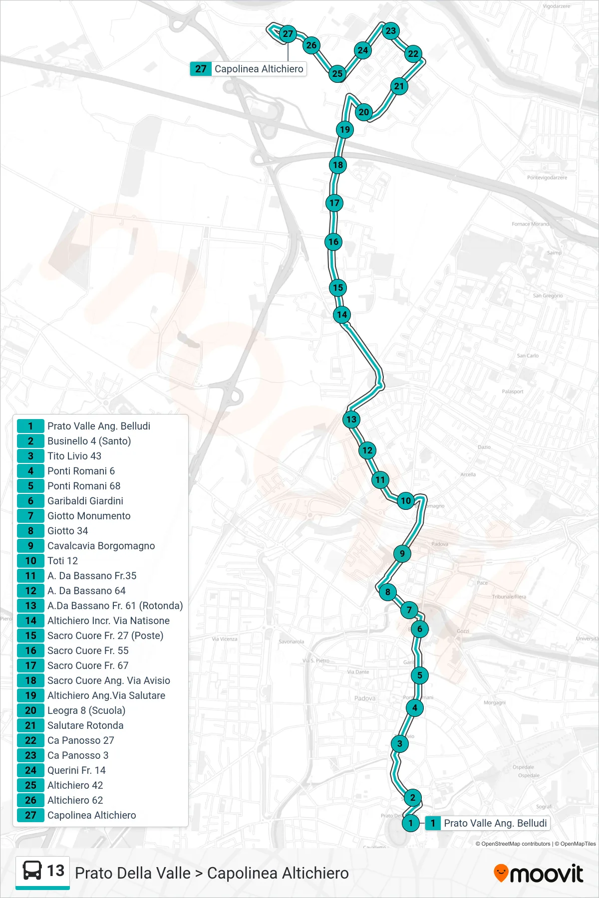 Linea 13  tram (Prato Della Valle > Capolinea Altichiero) - Percorsi e fermate sulla mappa