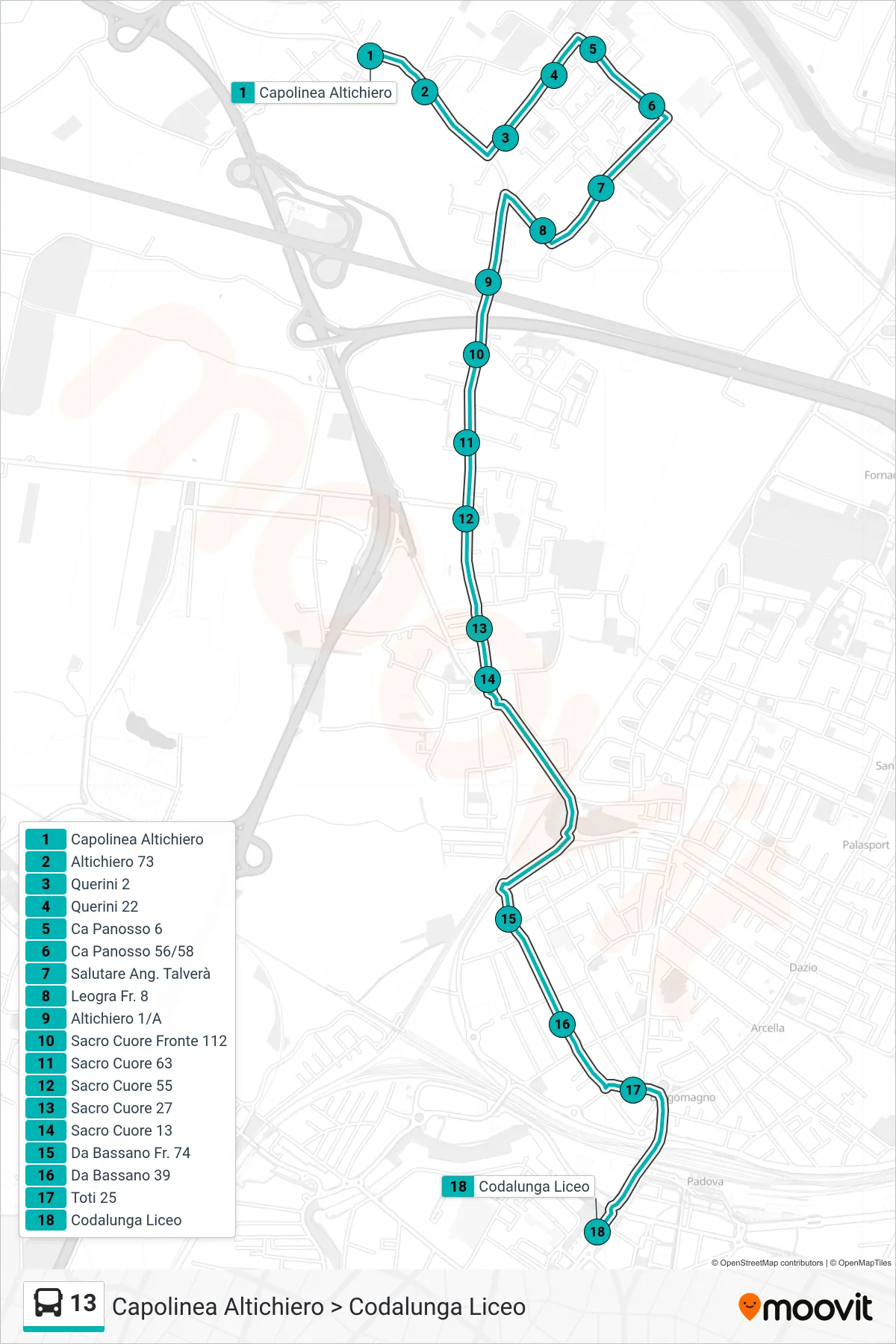 13 tram Line (Altichiero Terminal > Codalunga High School) route and stops on a map
