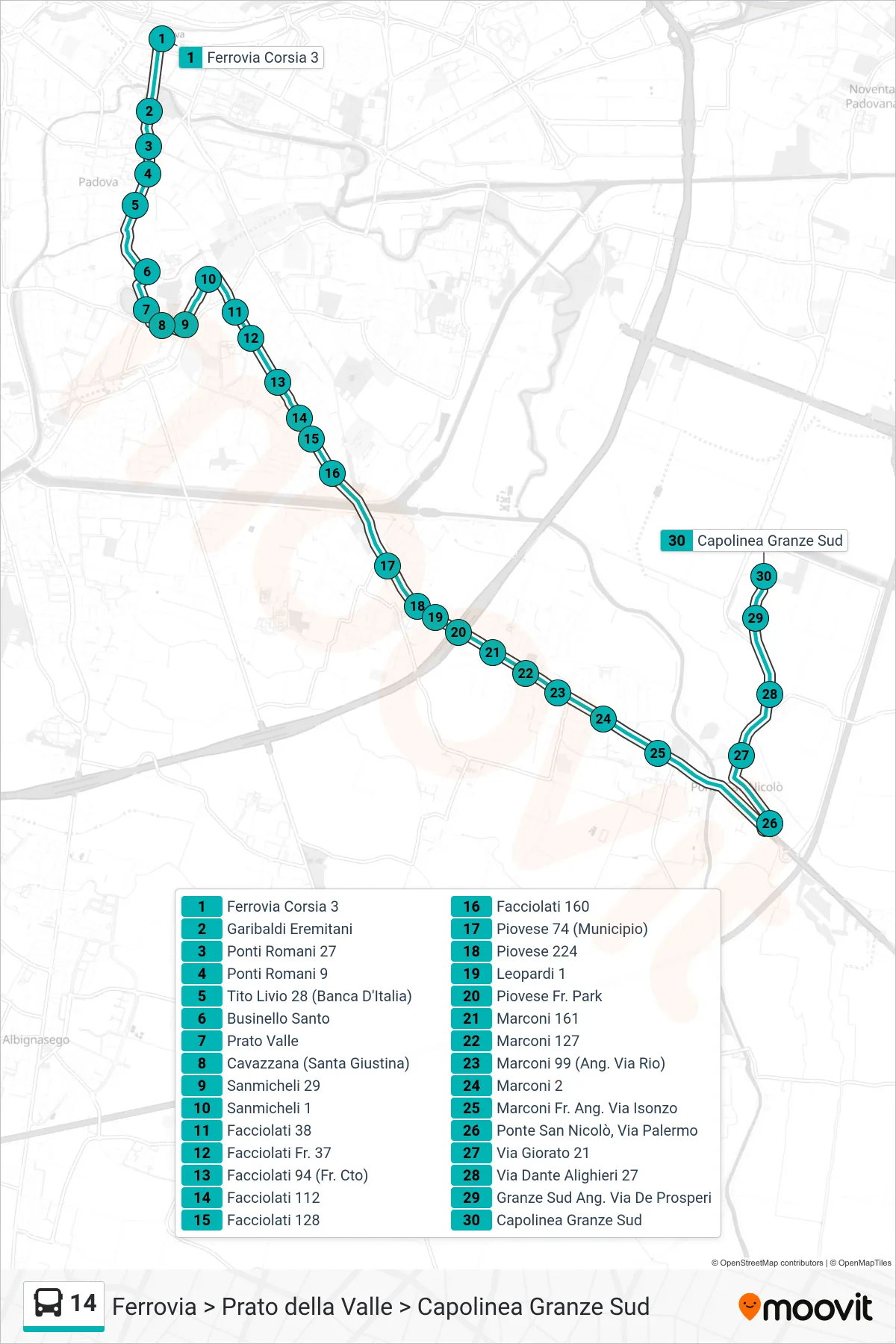 Linea 14 tram (Ferrovia > Prato della Valle > Capolinea Granze Sud) - Percorsi e fermate sulla mappa