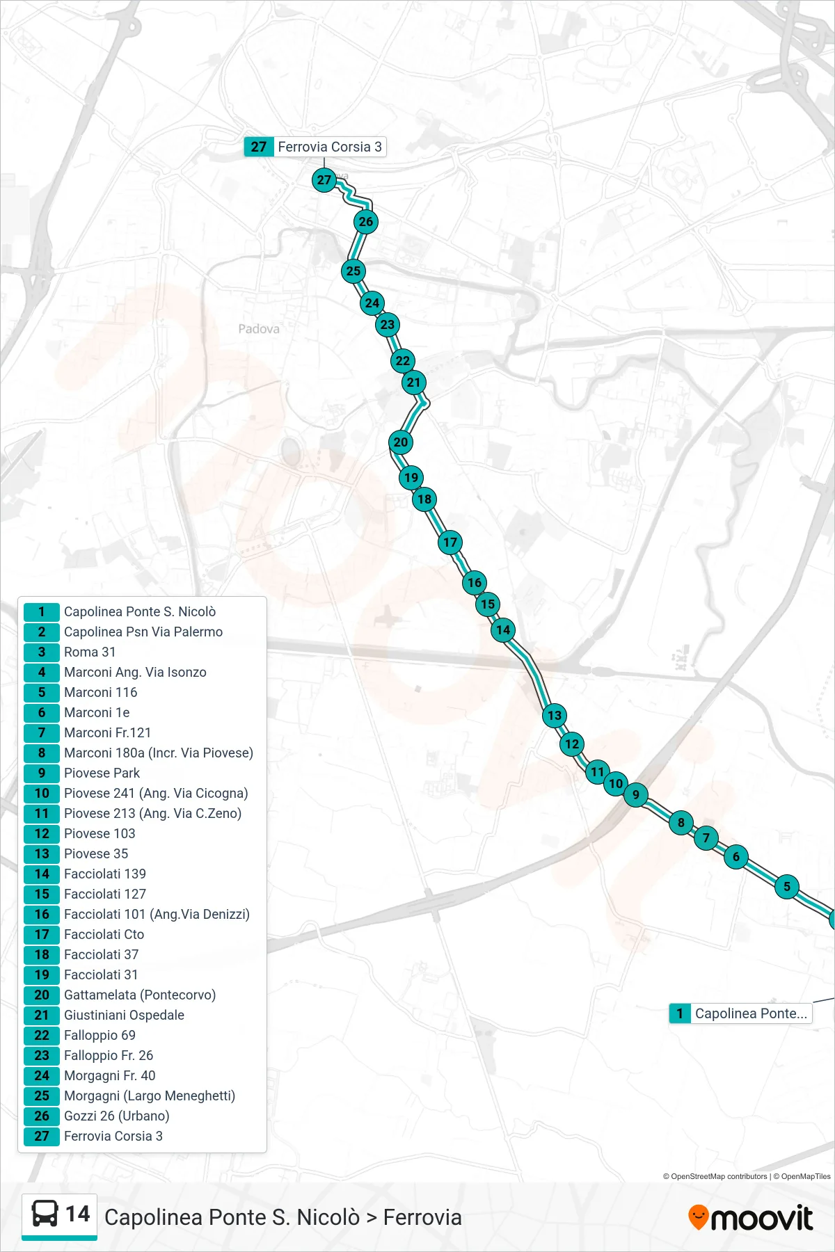 Linea 14 tram (Capolinea Ponte S. Nicolò > Ferrovia) - Percorsi e fermate sulla mappa