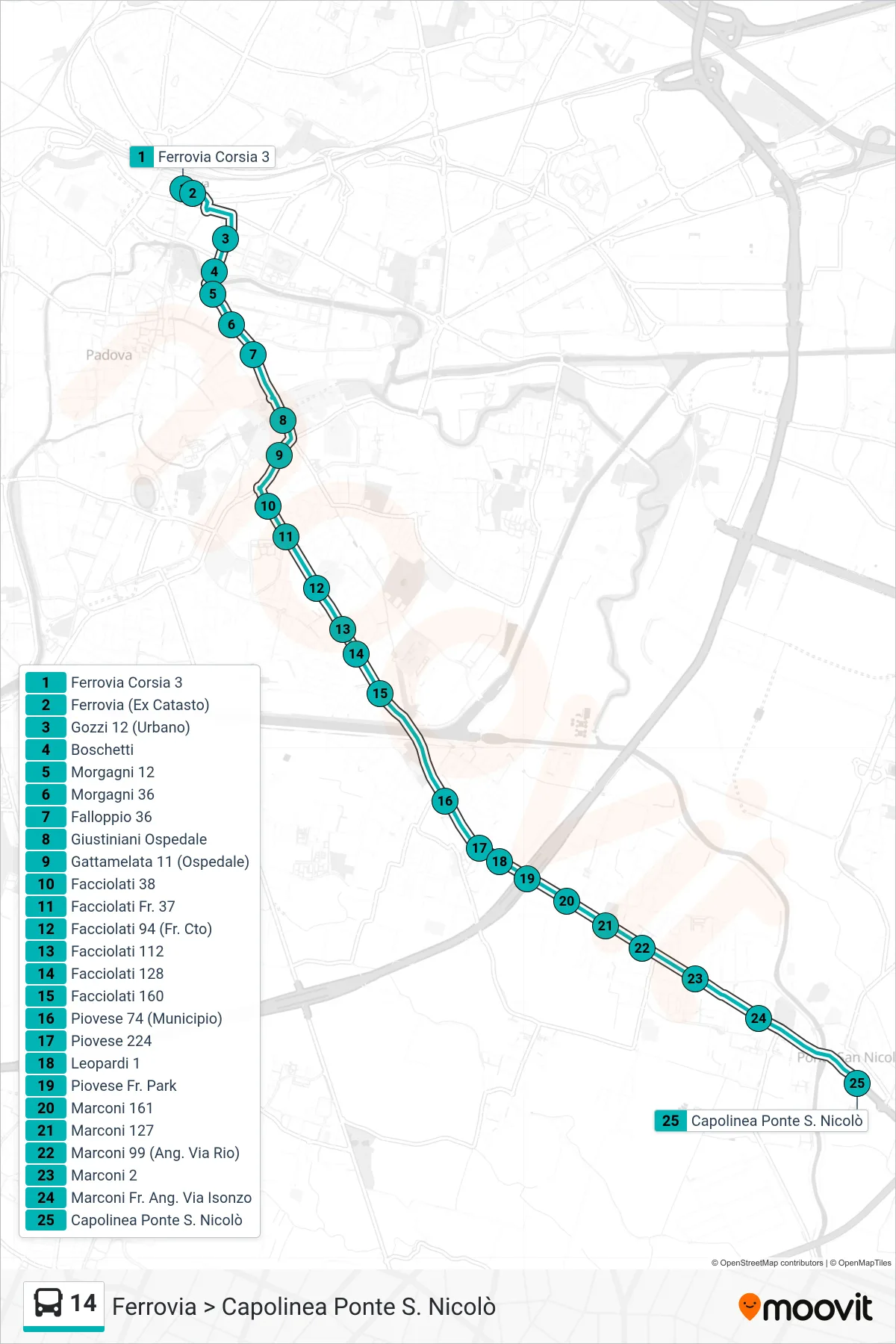 Linea 14 tram (Ferrovia > Capolinea Ponte S. Nicolò) - Percorsi e fermate sulla mappa
