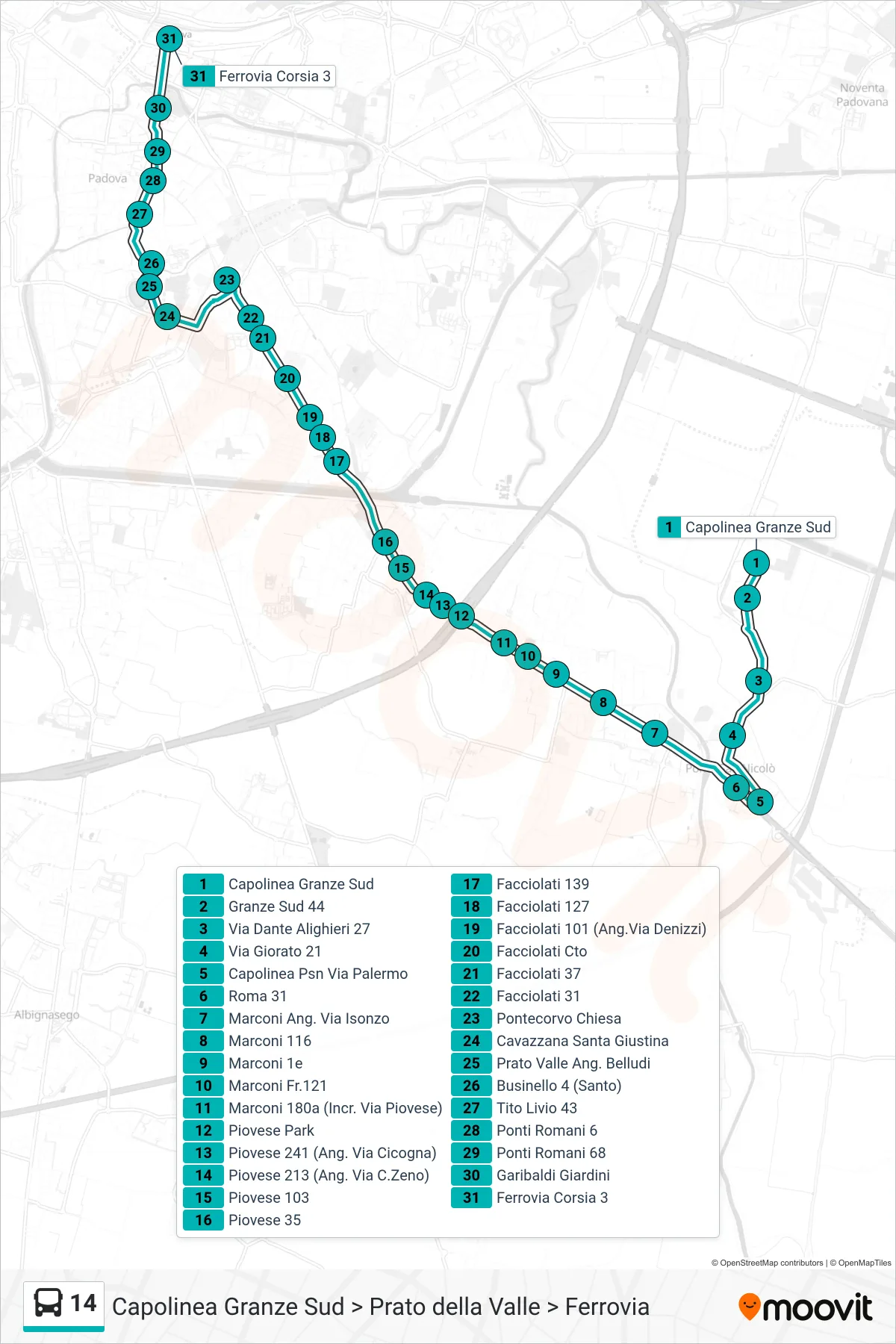 Linea 14  tram (Capolinea Granze Sud > Prato della Valle > Ferrovia) - Percorsi e fermate sulla mappa