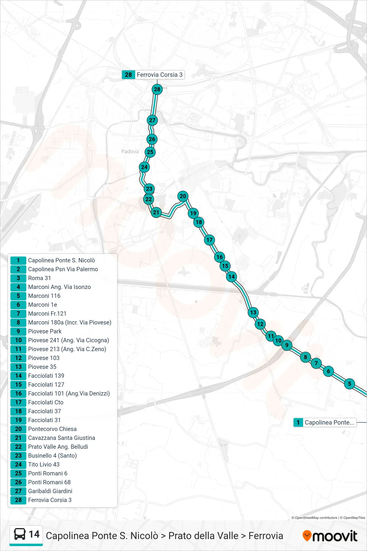 Linea 14 tram (Capolinea Ponte S. Nicolò > Prato della Valle > Ferrovia) - Percorsi e fermate sulla mappa
