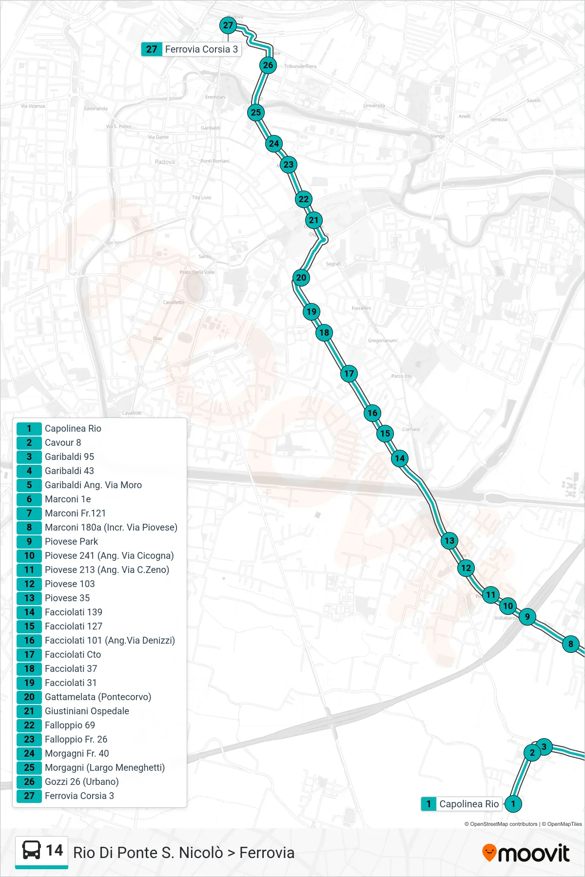 Linea 14 tram (Rio Di Ponte S. Nicolò > Ferrovia) - Percorsi e fermate sulla mappa