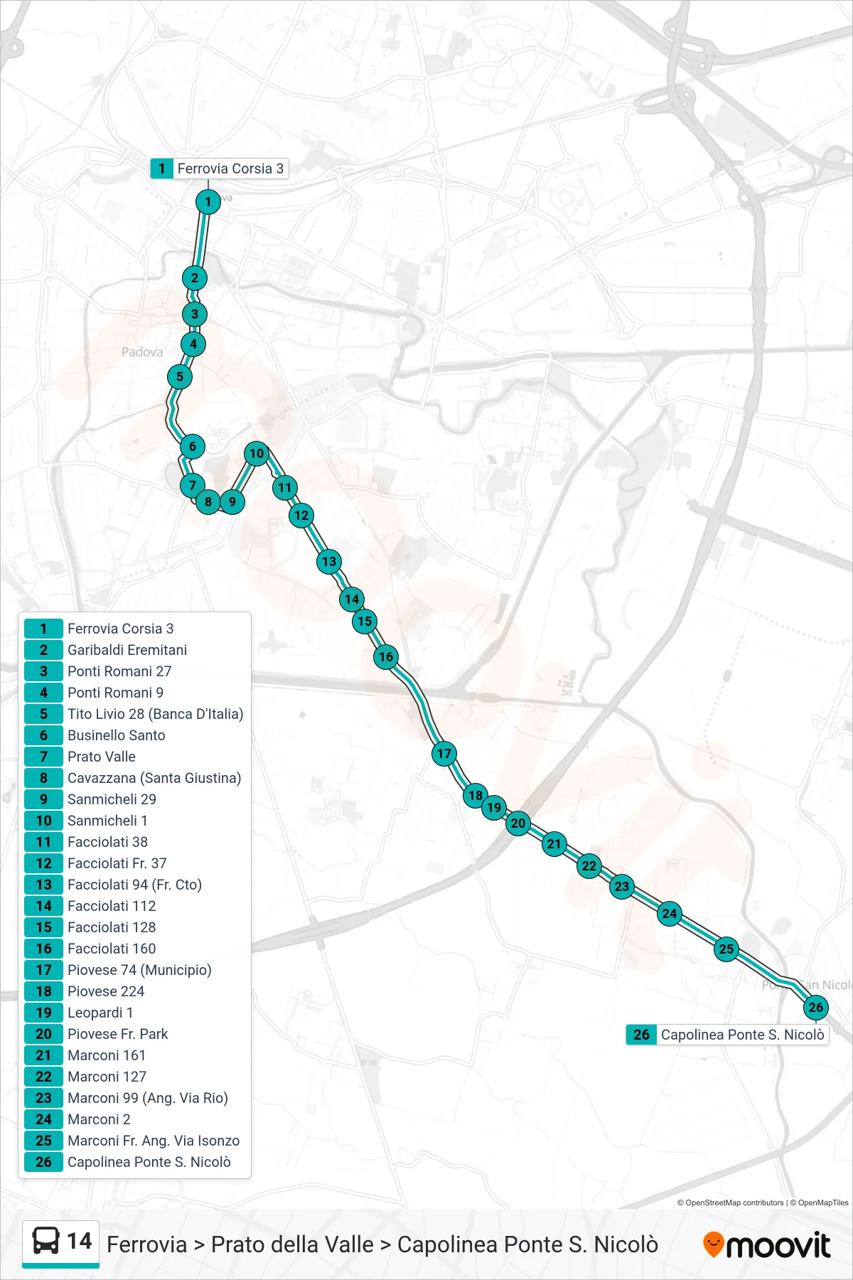 Linea 14 tram (Ferrovia > Prato della Valle > Capolinea Ponte S. Nicolò) - Percorsi e fermate sulla mappa