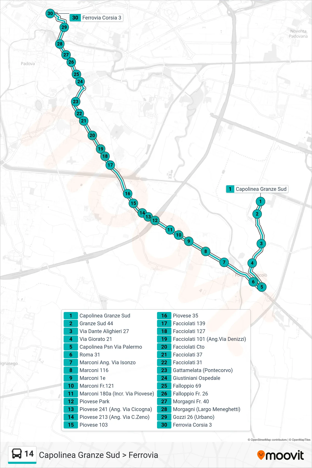 Linea 14 tram (Capolinea Granze Sud > Ferrovia) - Percorsi e fermate sulla mappa