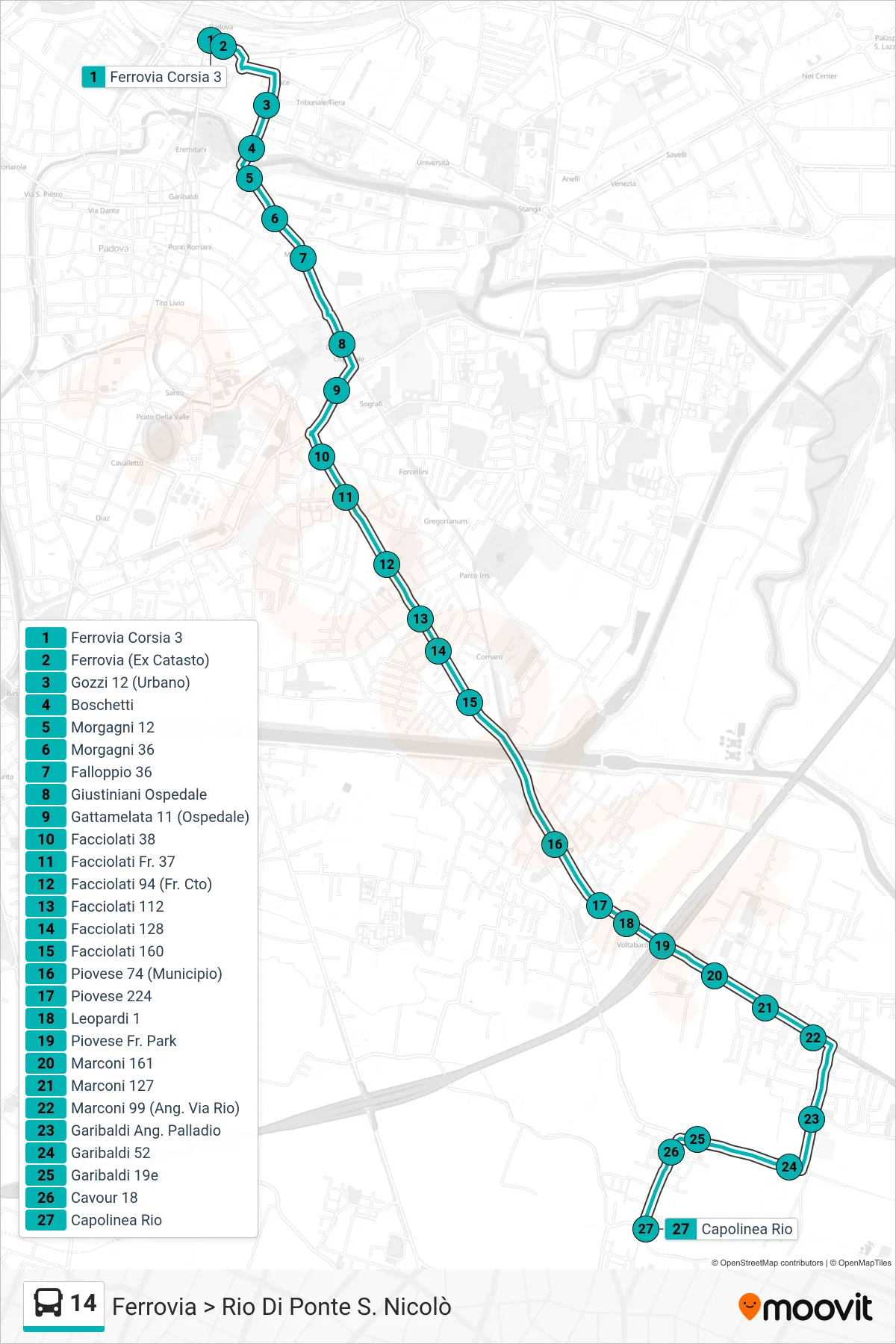Linea 14  tram (Ferrovia > Rio Di Ponte S. Nicolò) - Percorsi e fermate sulla mappa