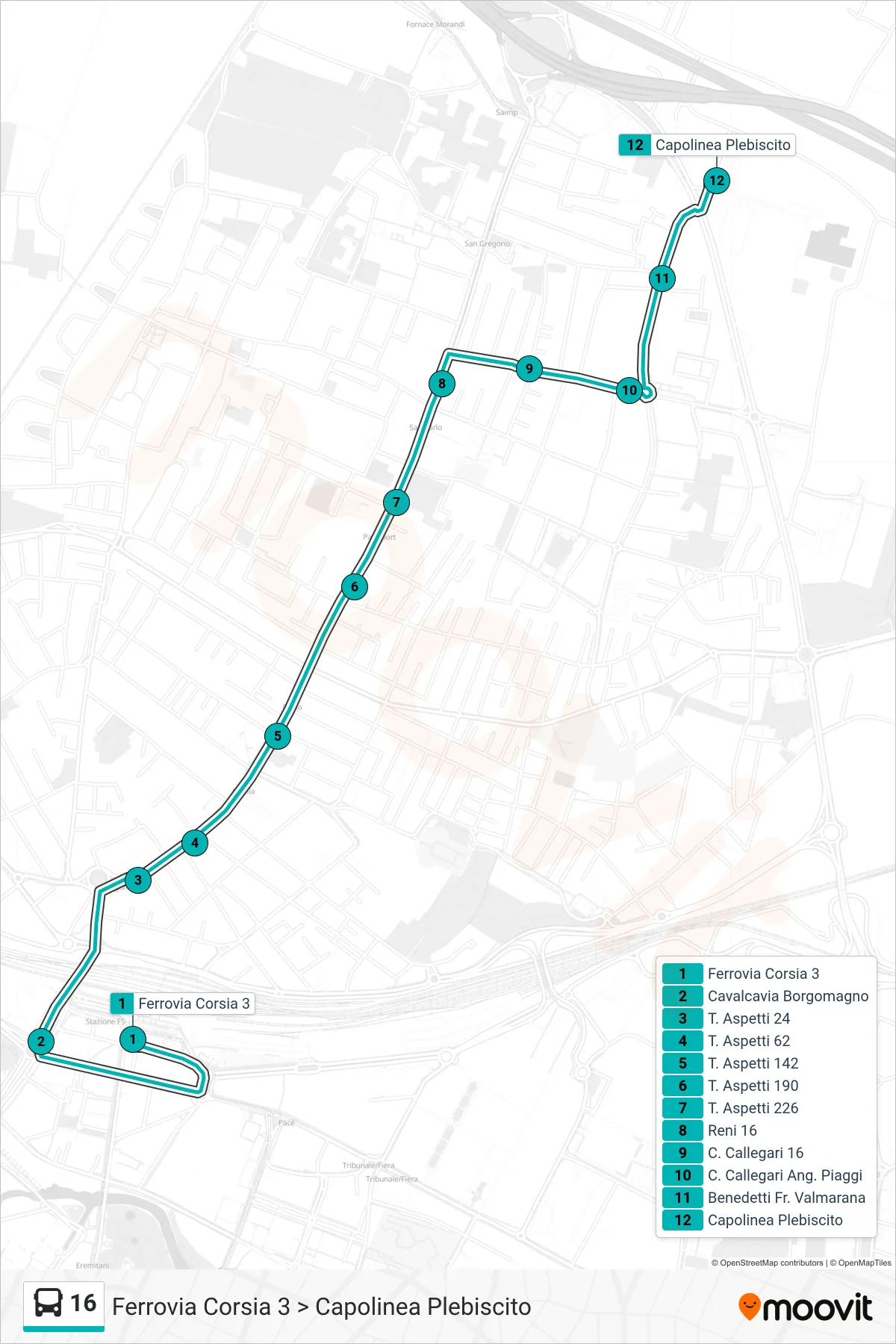 Linea 16  tram (Ferrovia Corsia 3 > Capolinea Plebiscito) - Percorsi e fermate sulla mappa