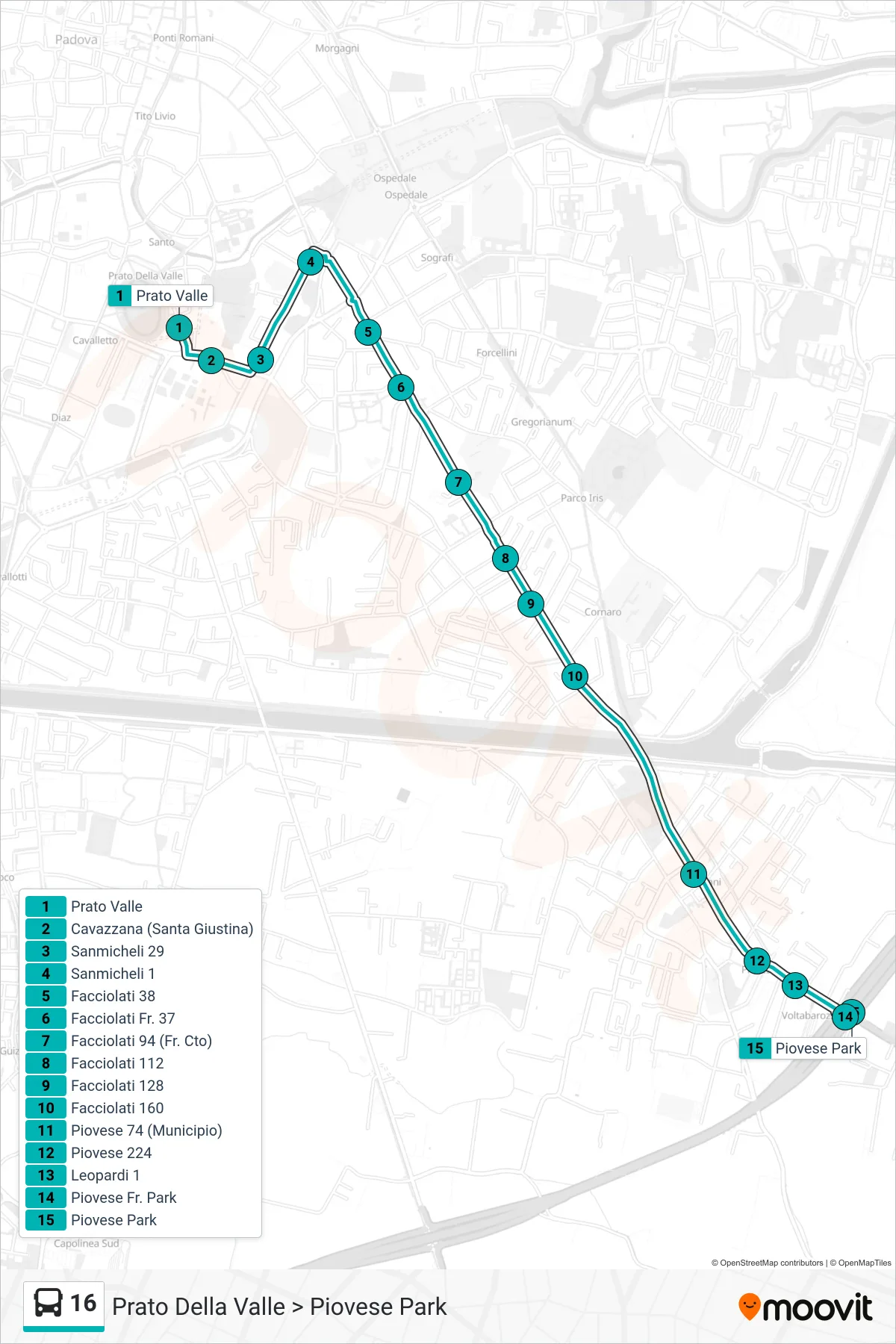 Linea 16  tram (Prato Della Valle > Piovese Park) - Percorsi e fermate sulla mappa