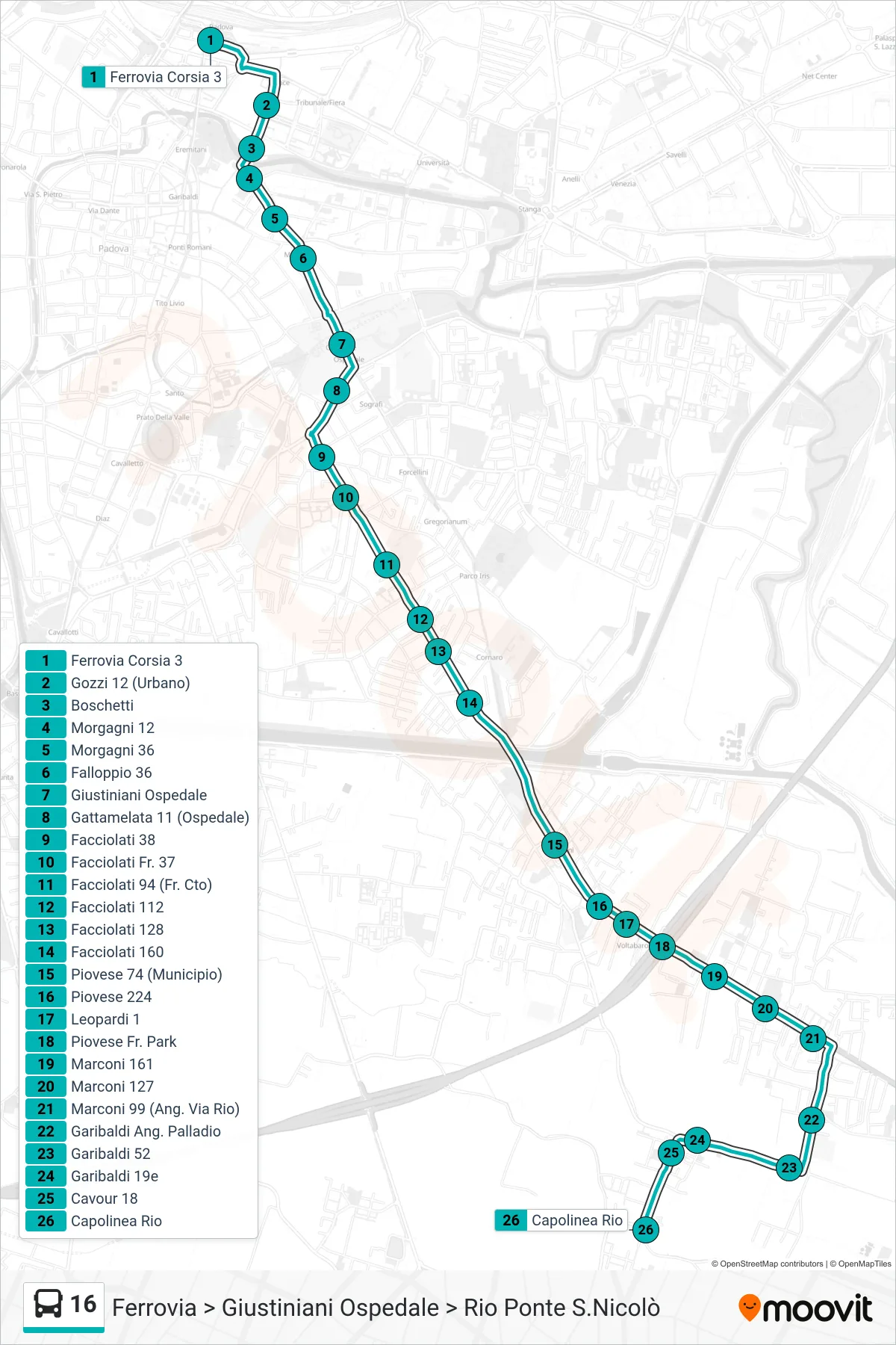 Linea 16 tram (Ferrovia > Giustiniani Ospedale > Rio Ponte S.Nicolò) - Percorsi e fermate sulla mappa
