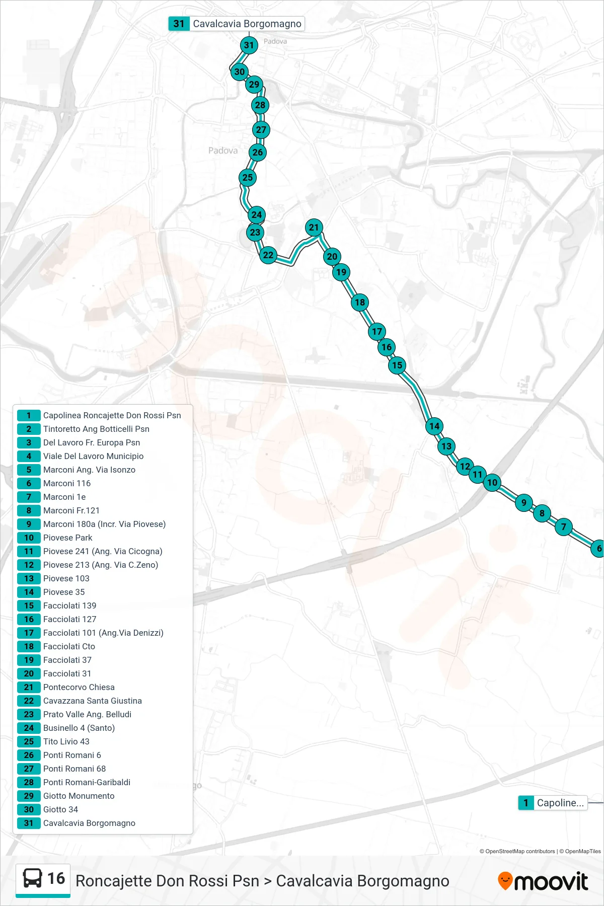 Linea 16  tram (Roncajette Don Rossi Psn > Cavalcavia Borgomagno) - Percorsi e fermate sulla mappa