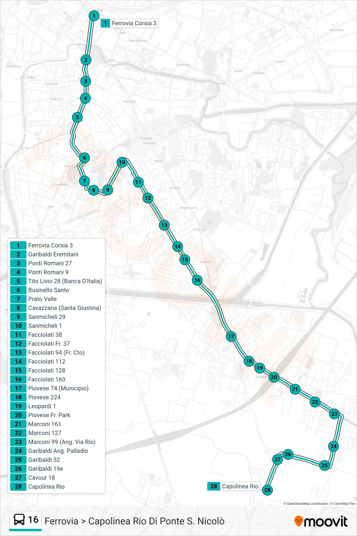 Linea 16  tram (Ferrovia > Capolinea Rio Di Ponte S. Nicolò) - Percorsi e fermate sulla mappa