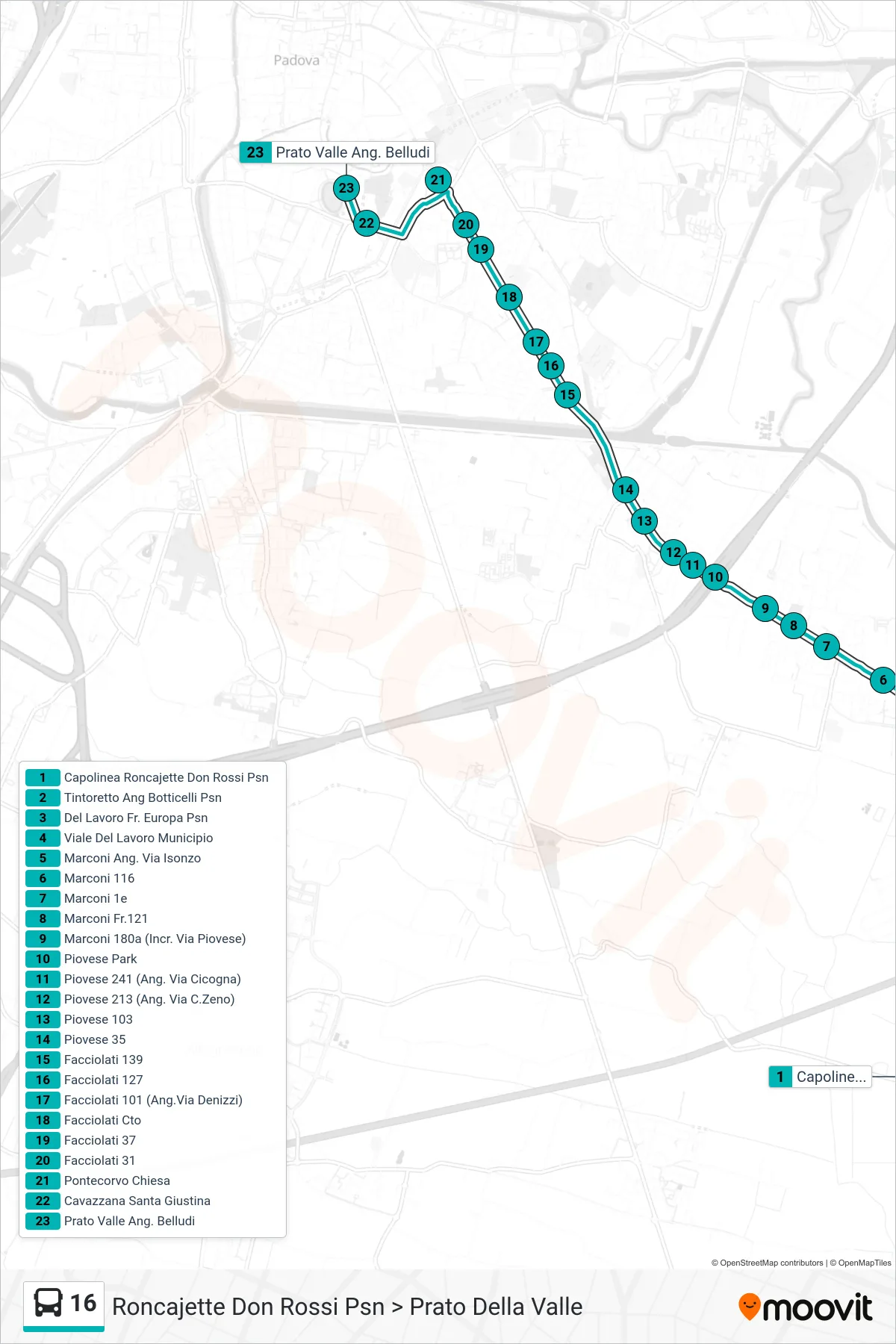 Linea 16 tram (Roncajette Don Rossi Psn > Prato Della Valle) - Percorsi e fermate sulla mappa