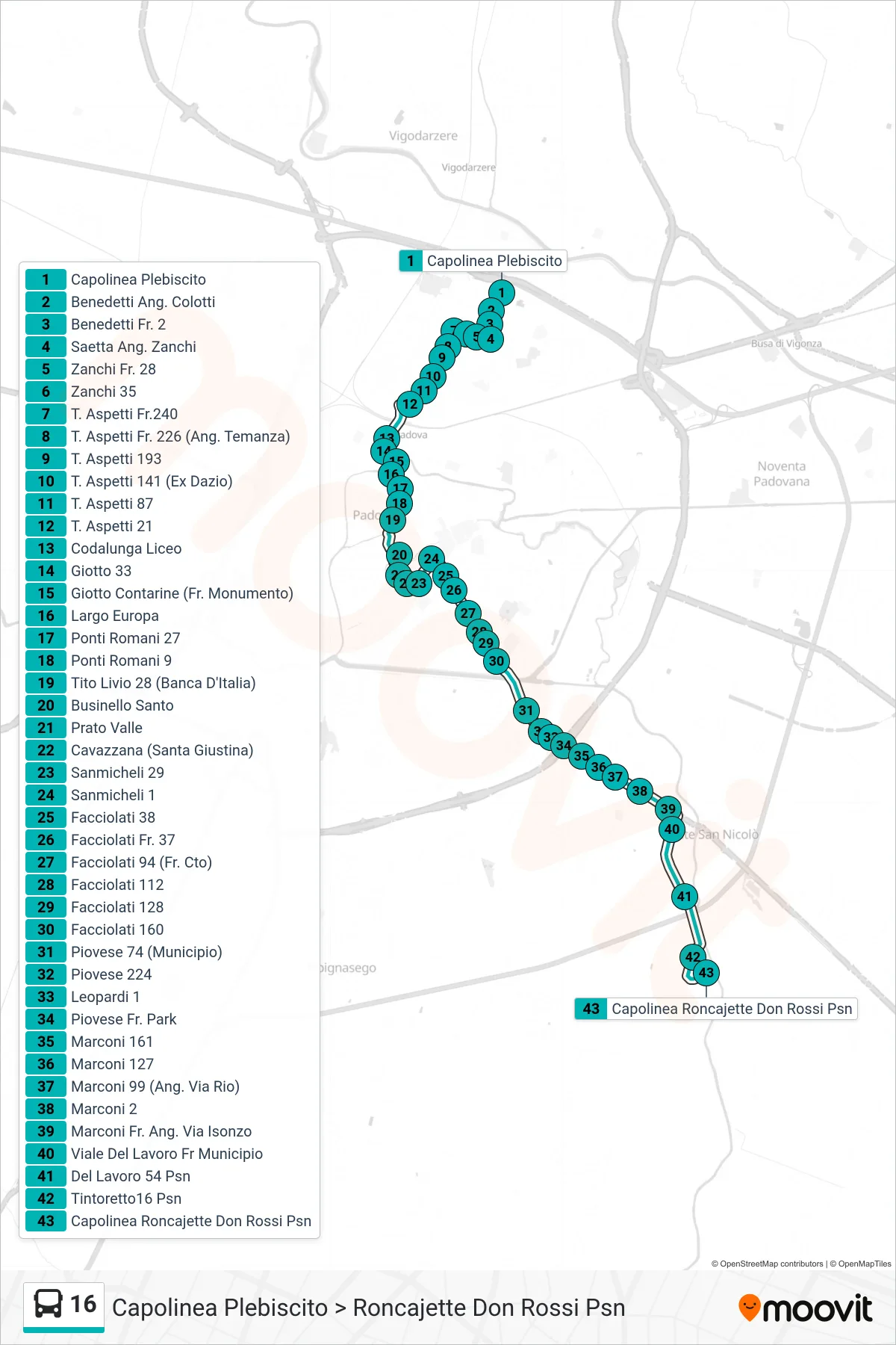Linea 16 tram (Capolinea Plebiscito > Roncajette Don Rossi Psn) - Percorsi e fermate sulla mappa