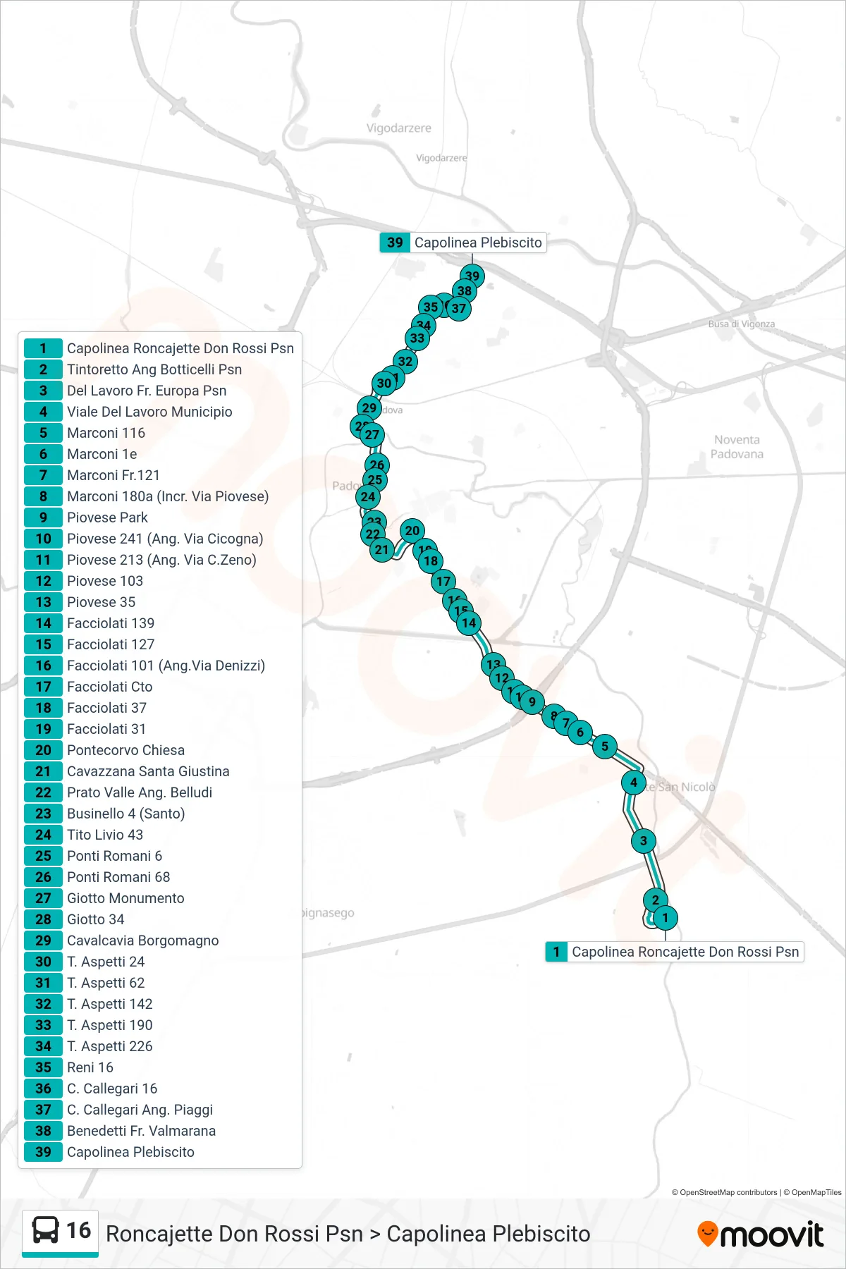 Linea 16  tram (Roncajette Don Rossi Psn > Capolinea Plebiscito) - Percorsi e fermate sulla mappa