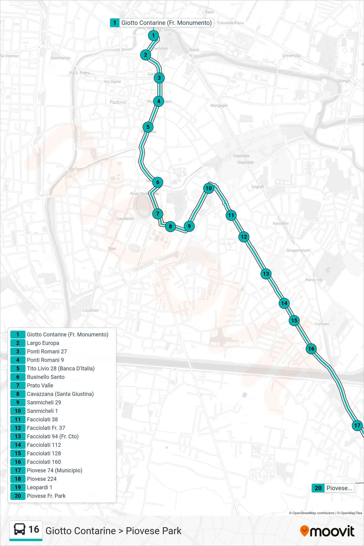 Linea 16 tram (Giotto Contarine > Piovese Park) - Percorsi e fermate sulla mappa