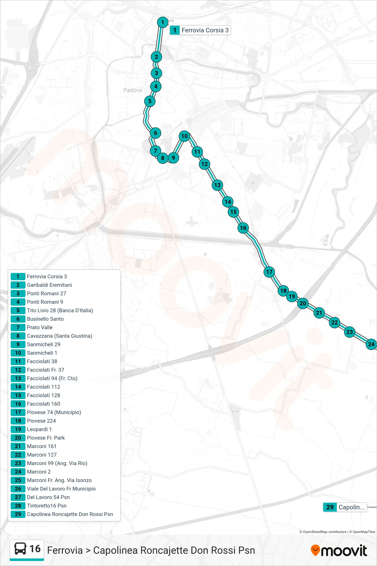 Linea 16 tram (Ferrovia > Capolinea Roncajette Don Rossi Psn) - Percorsi e fermate sulla mappa
