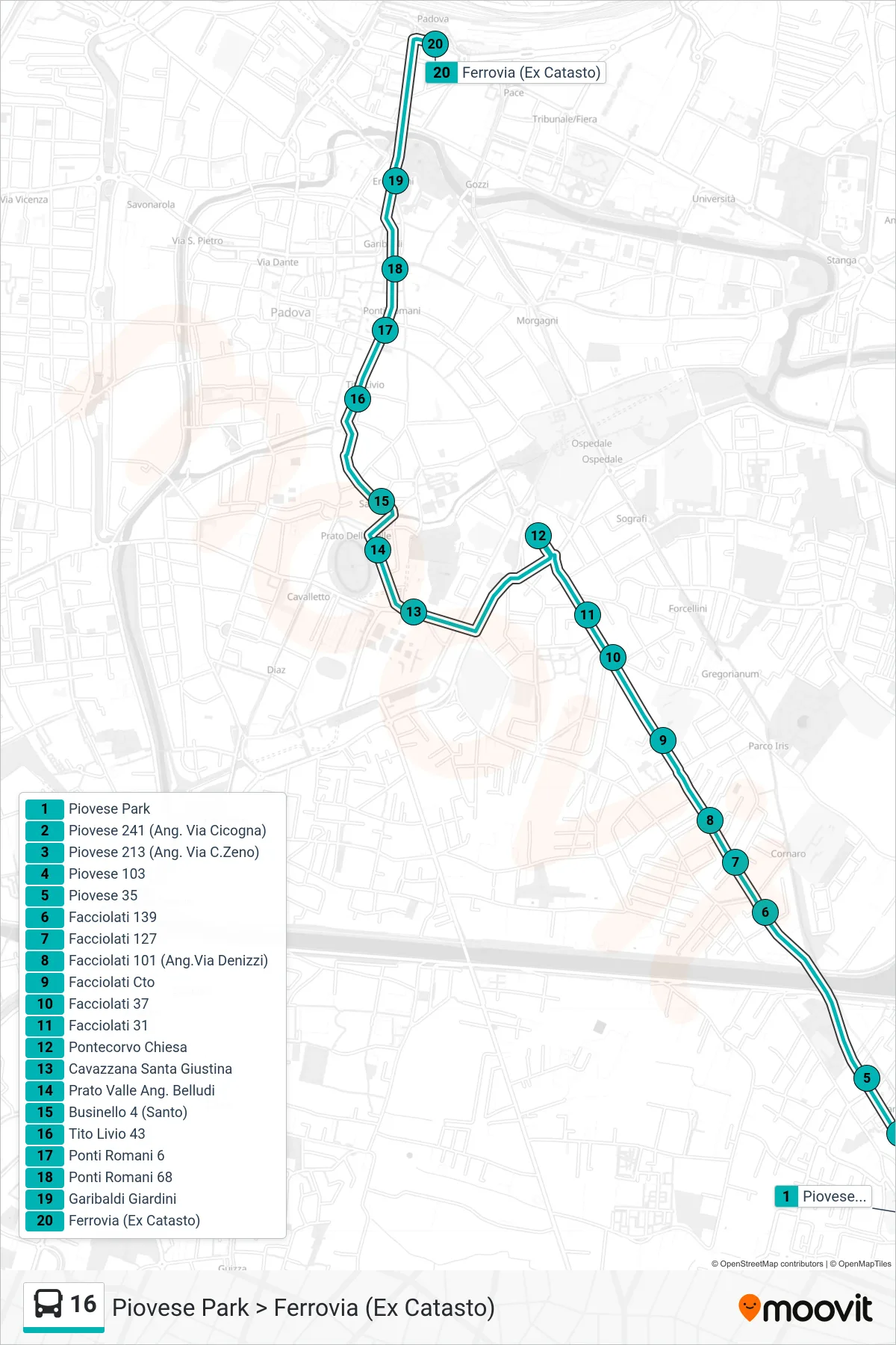 Linea 16  tram (Piovese Park > Ferrovia (Ex Catasto)) - Percorsi e fermate sulla mappa
