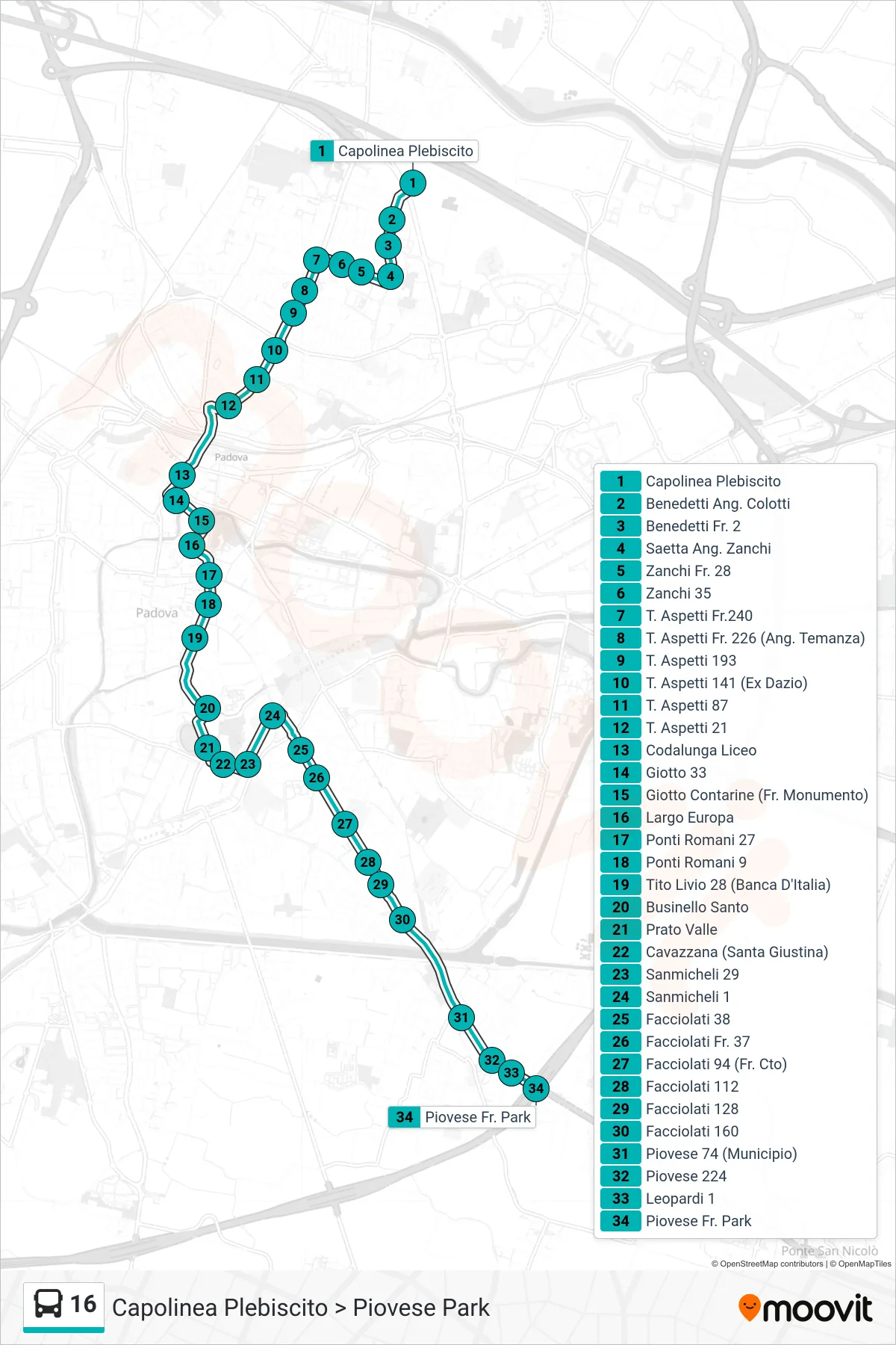 Linea 16  tram (Capolinea Plebiscito > Piovese Park) - Percorsi e fermate sulla mappa