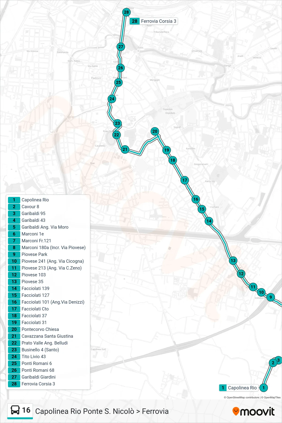 Linea 16  tram (Capolinea Rio Ponte S. Nicolò > Ferrovia) - Percorsi e fermate sulla mappa