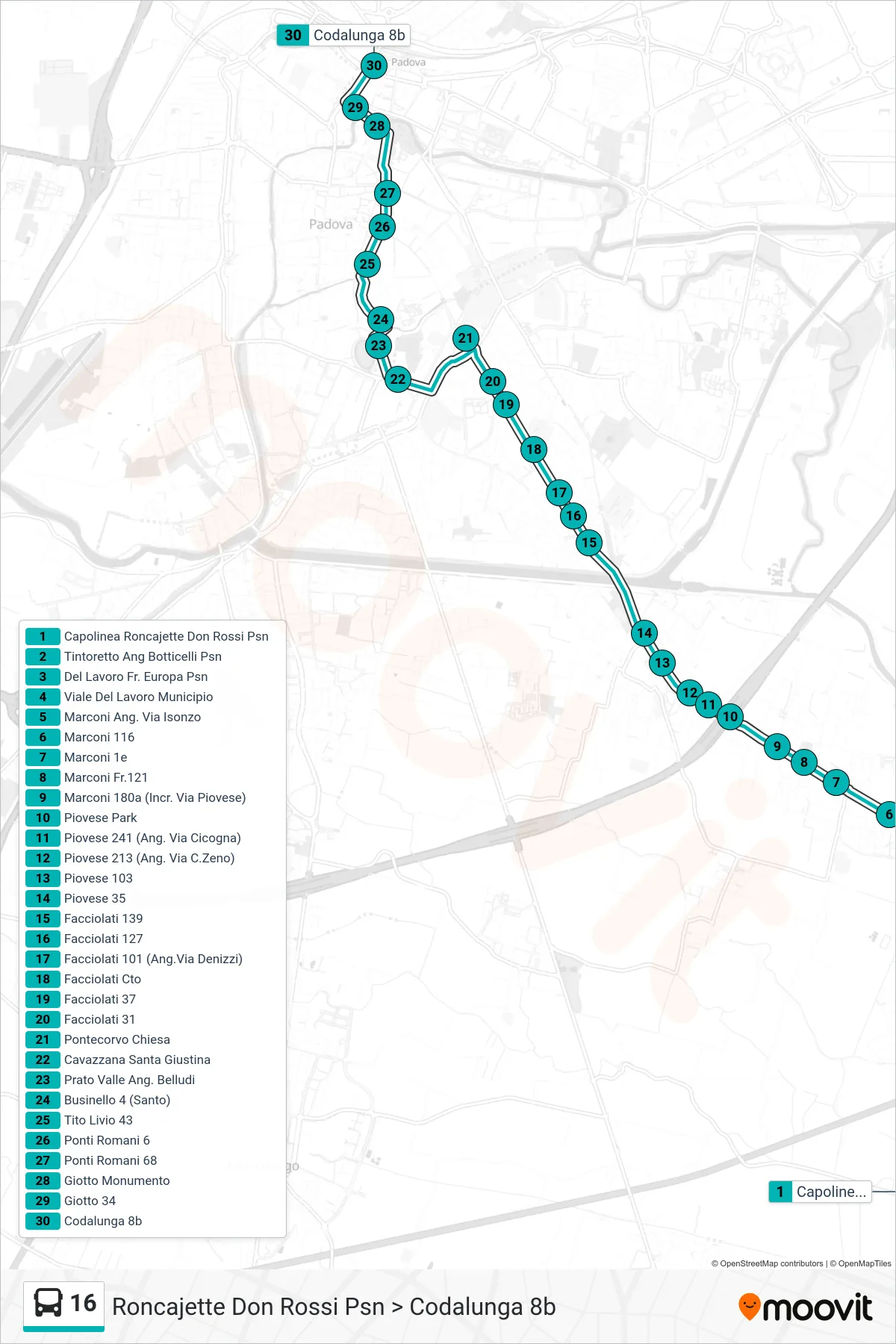 Linea 16  tram (Roncajette Don Rossi Psn > Codalunga 8b) - Percorsi e fermate sulla mappa