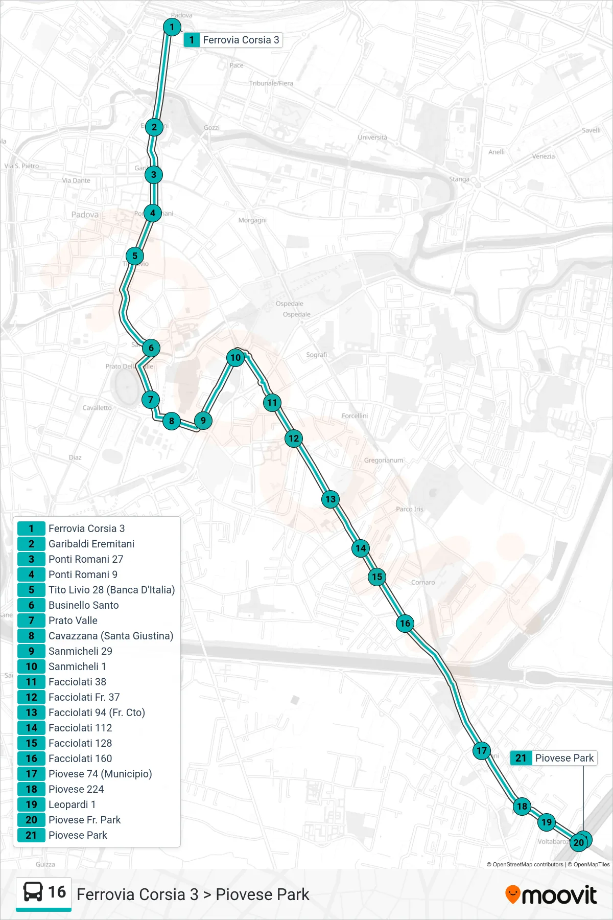 Linea 16  tram (Ferrovia Corsia 3 > Piovese Park) - Percorsi e fermate sulla mappa