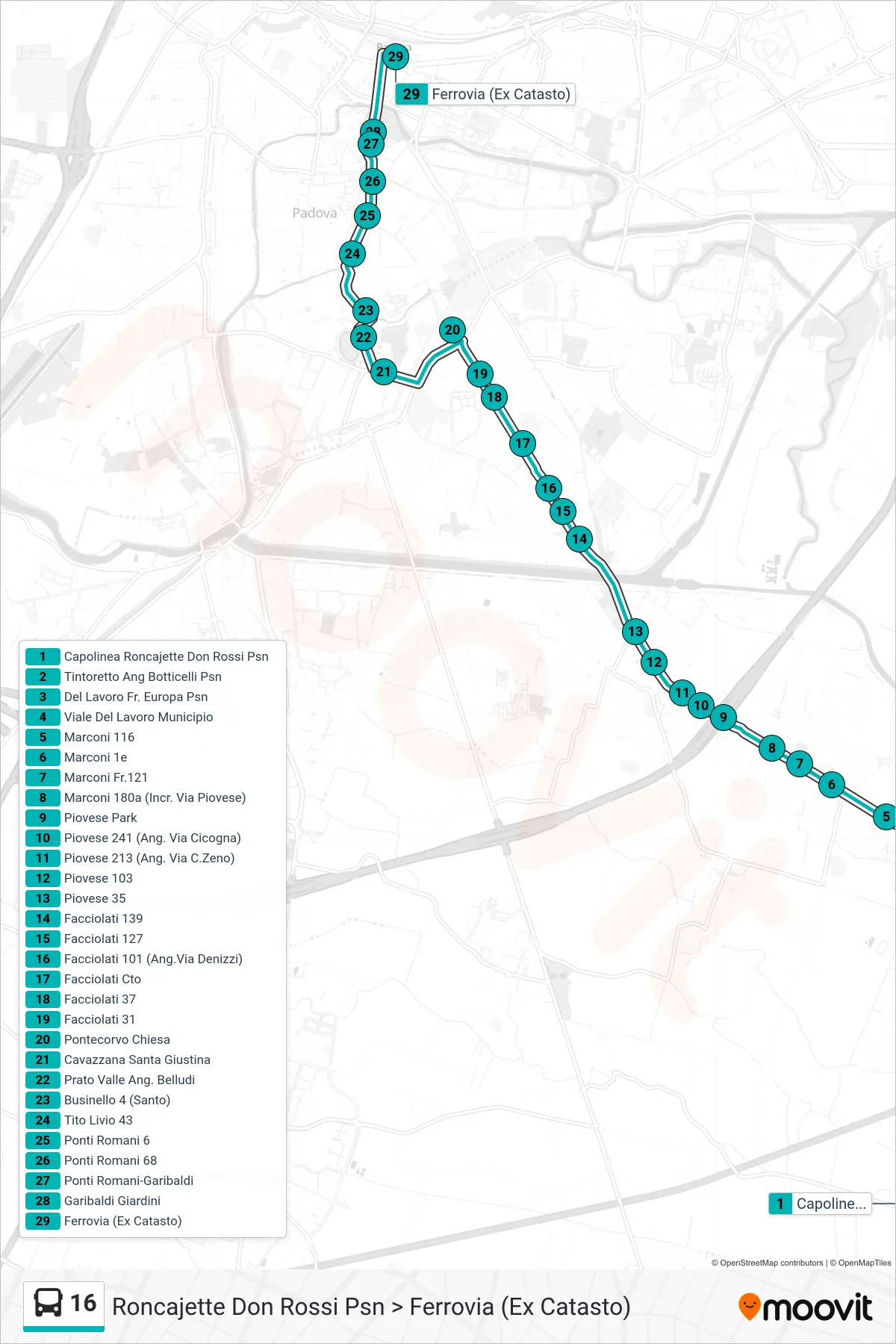 Linea 16  tram (Roncajette Don Rossi Psn > Ferrovia (Ex Catasto)) - Percorsi e fermate sulla mappa