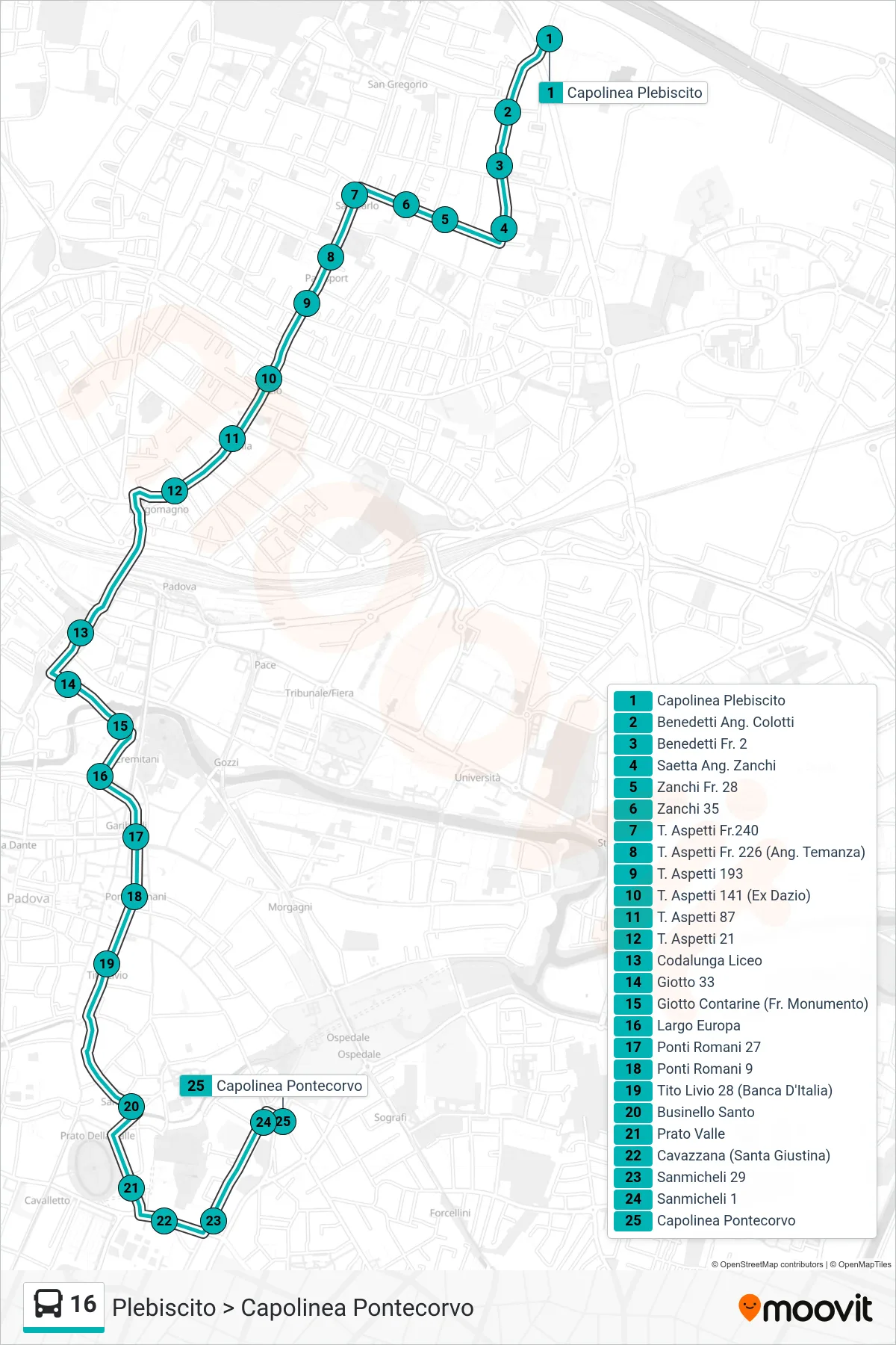 Linea 16 tram (Plebiscito > Capolinea Pontecorvo) - Percorsi e fermate sulla mappa
