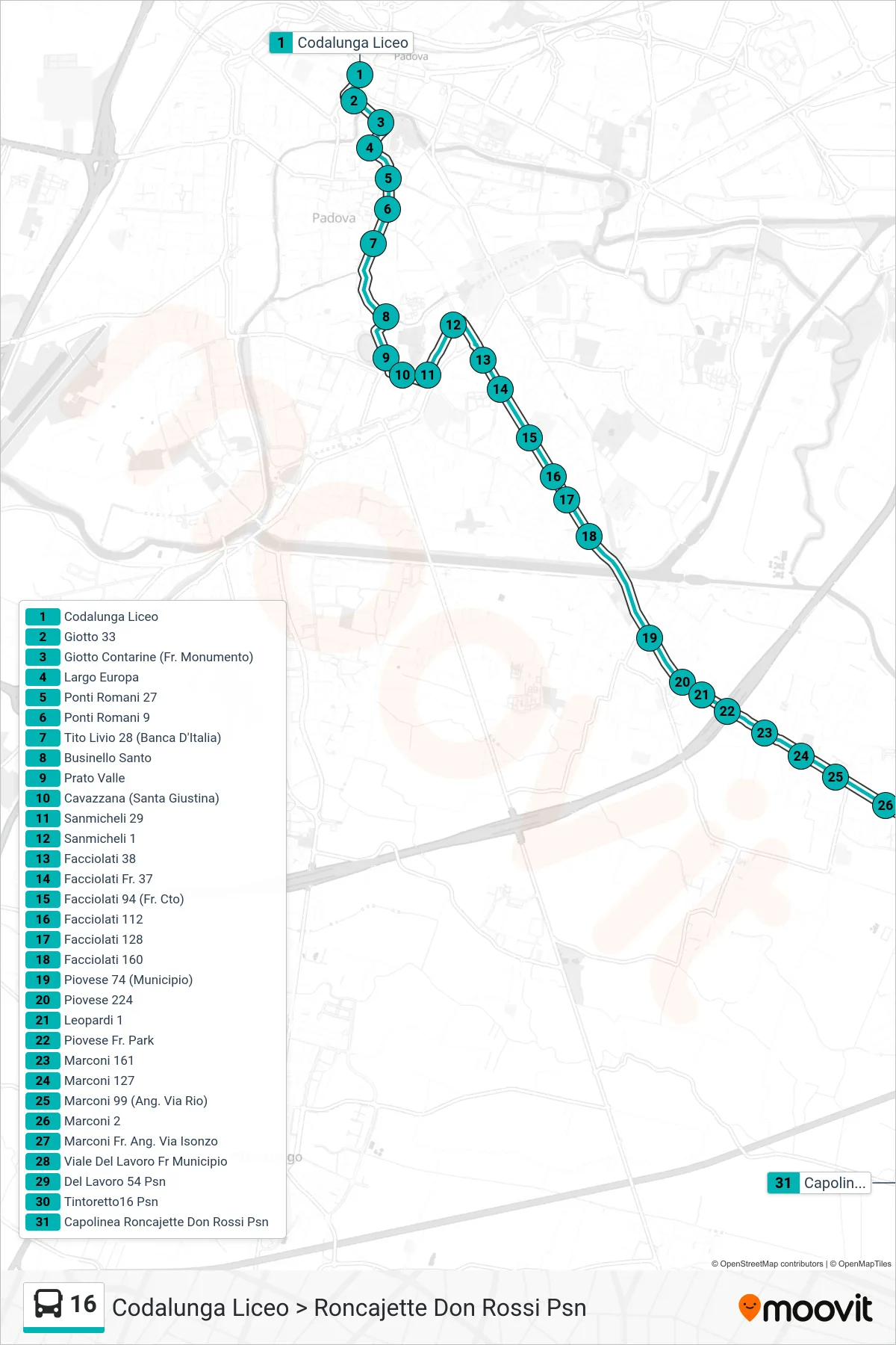 Linea 16  tram (Codalunga Liceo > Roncajette Don Rossi Psn) - Percorsi e fermate sulla mappa
