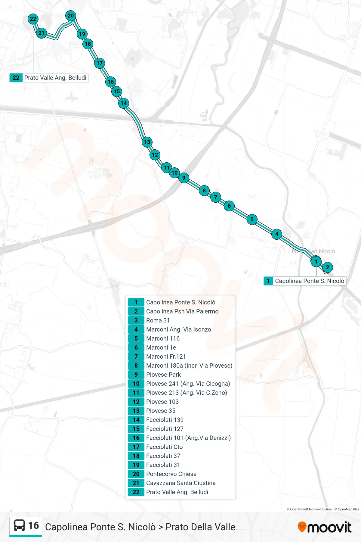 Linea 16 tram (Capolinea Ponte S. Nicolò > Prato Della Valle) - Percorsi e fermate sulla mappa