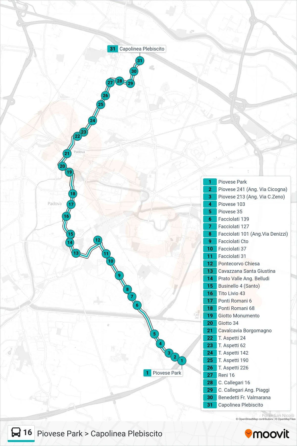 Linea 16  tram (Piovese Park > Capolinea Plebiscito) - Percorsi e fermate sulla mappa