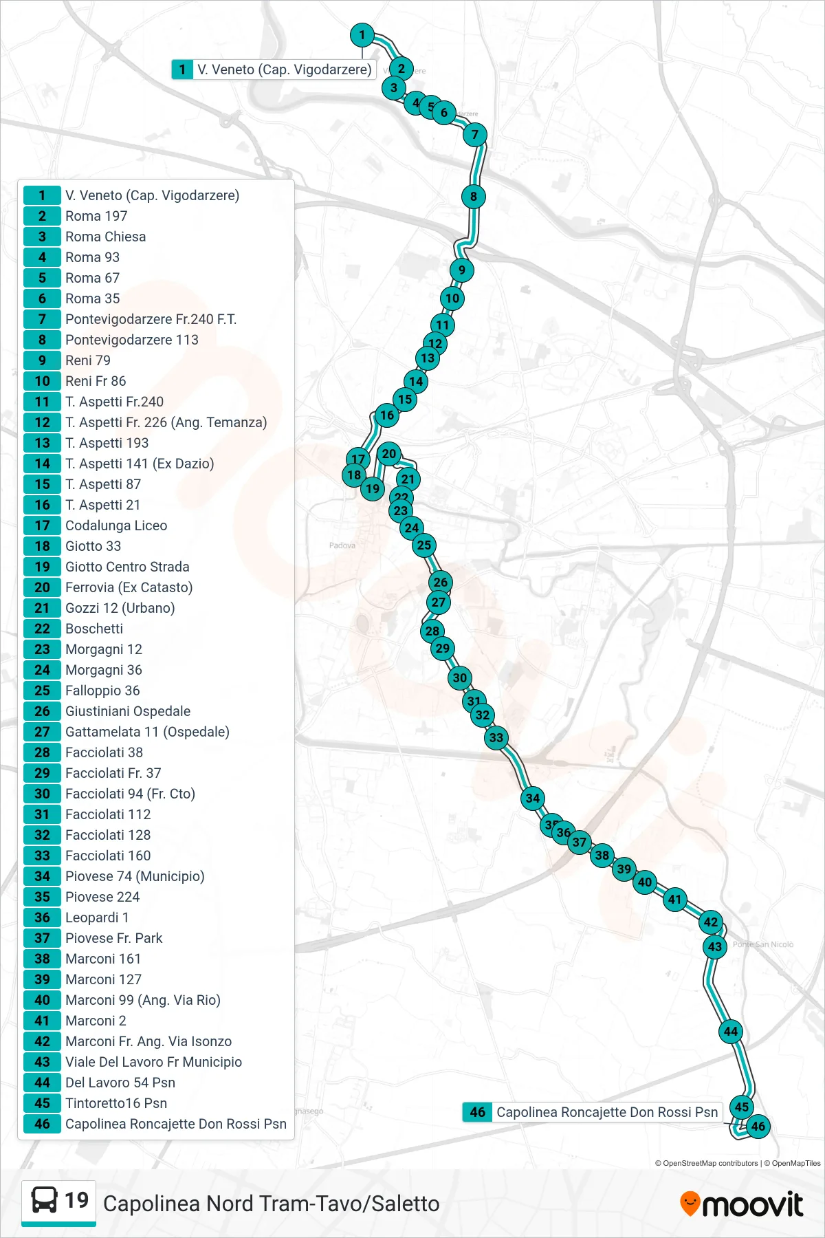 Linea 19  tram (Vigodarzere > Ferrovia Ex Catasto > Roncajette (Don Rossi Psn)) - Percorsi e fermate sulla mappa