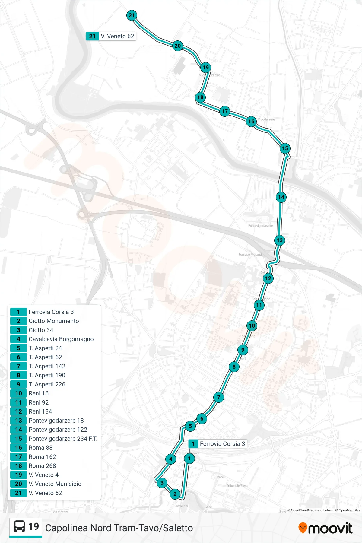 Linea 19  tram (Ferrovia > Giotto monumento > Vigodarzere) - Percorsi e fermate sulla mappa