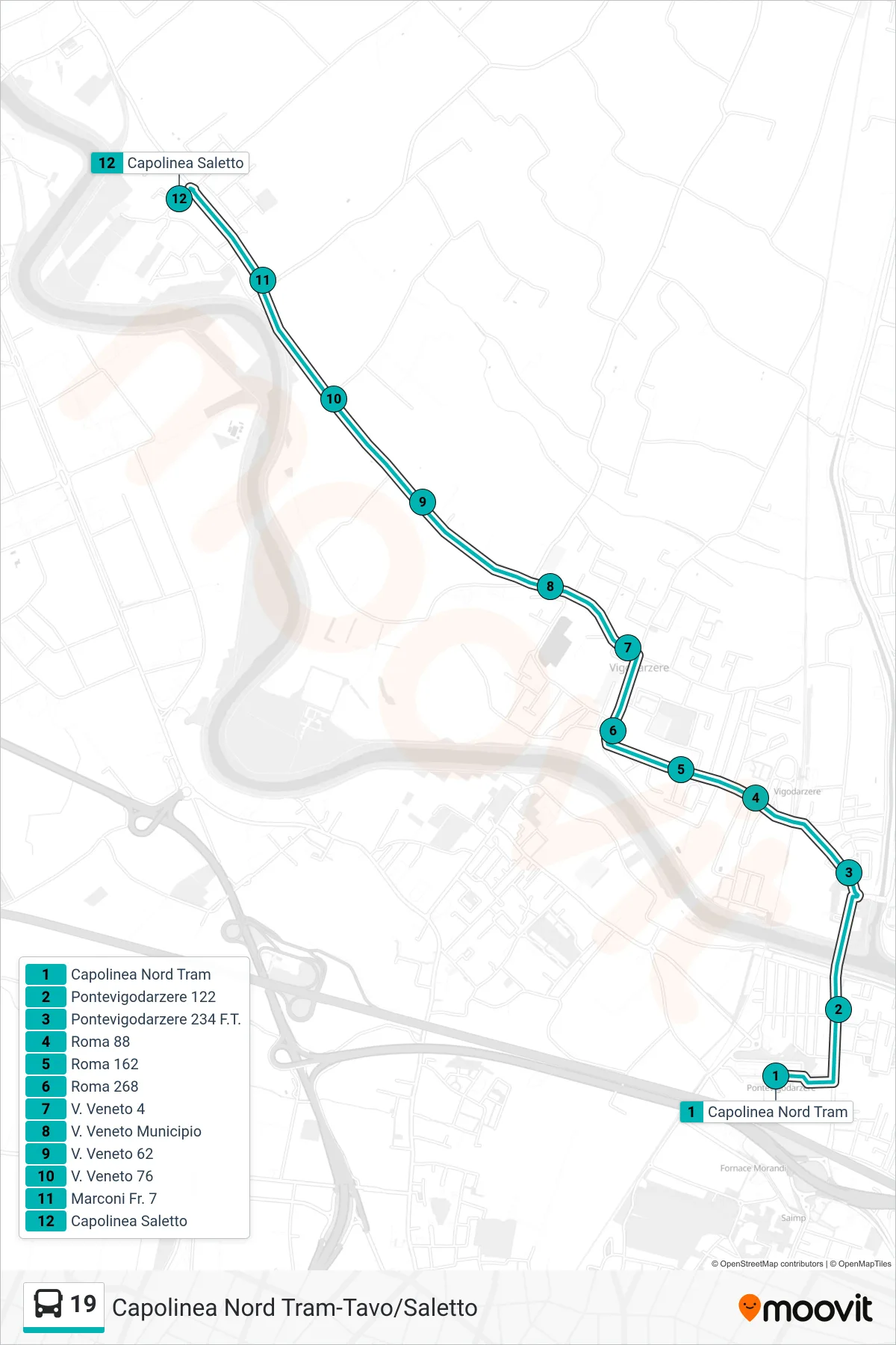 Linea 19  tram (Capolinea Nord Tram > Saletto) - Percorsi e fermate sulla mappa