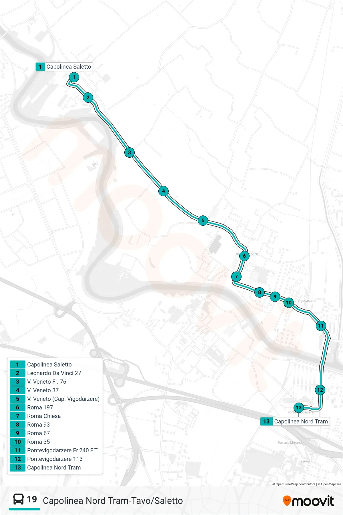 Linea 19 tram (Saletto > Capolinea Nord Tram) - Percorsi e fermate sulla mappa
