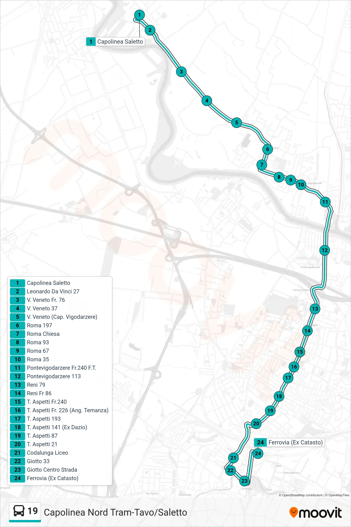 Linea 19 tram (Saletto > Codalunga Liceo > Ferrovia (Ex Catasto)) - Percorsi e fermate sulla mappa