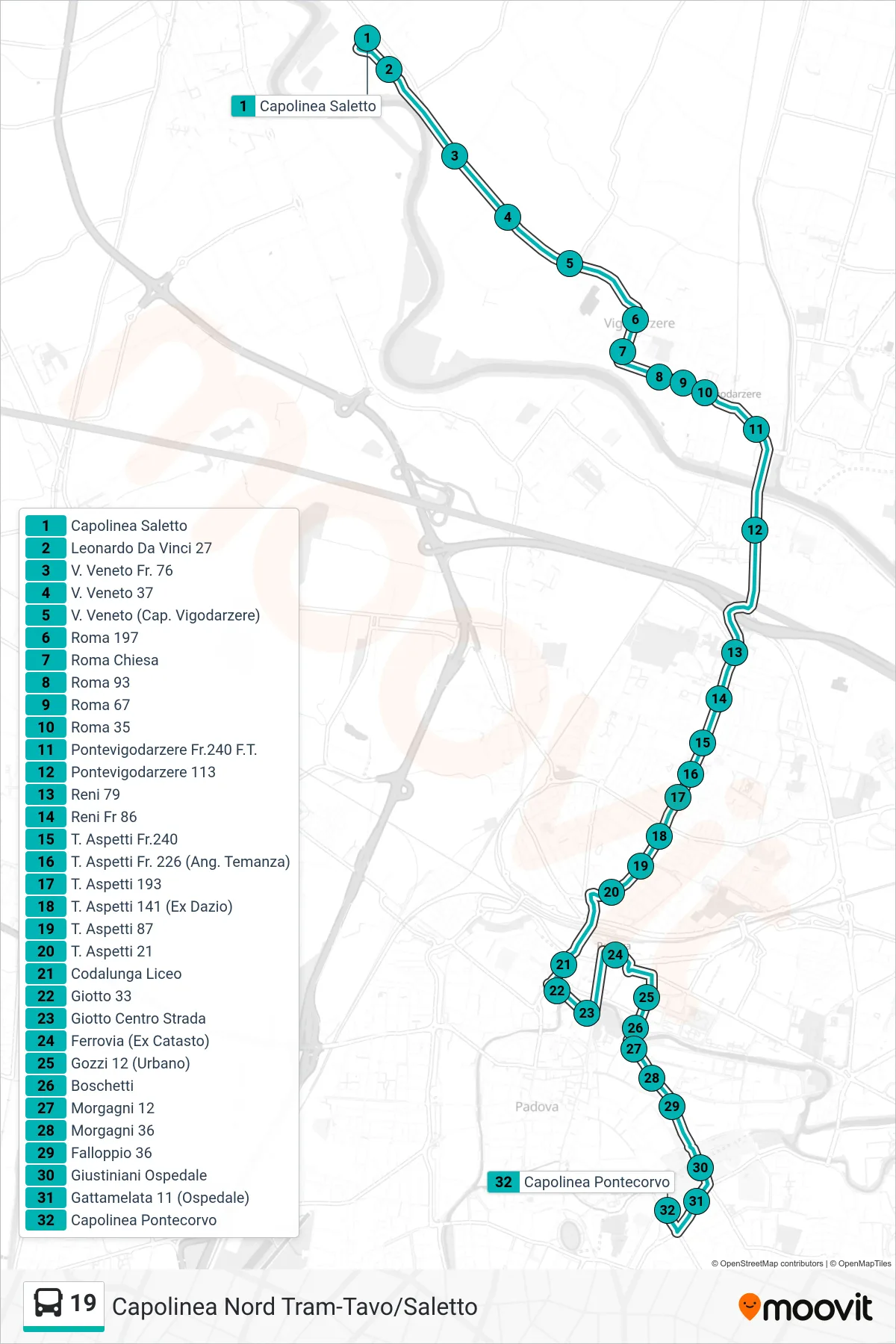 Linea 19  tram (Saletto > Ferrovia > Capolinea Pontecorvo) - Percorsi e fermate sulla mappa