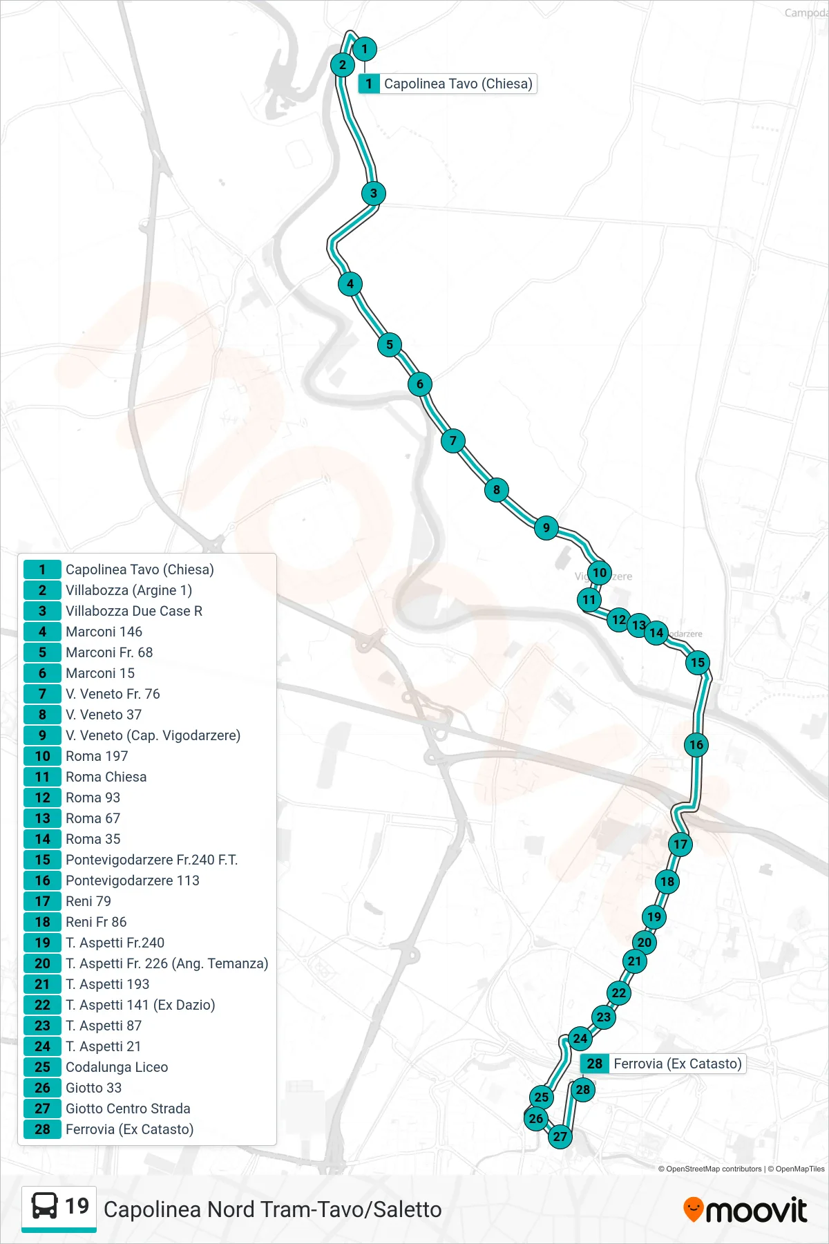 Linea 19  tram (Capolinea Tavo > Codalunga Liceo > Ferrovia (Ex Catasto)) - Percorsi e fermate sulla mappa