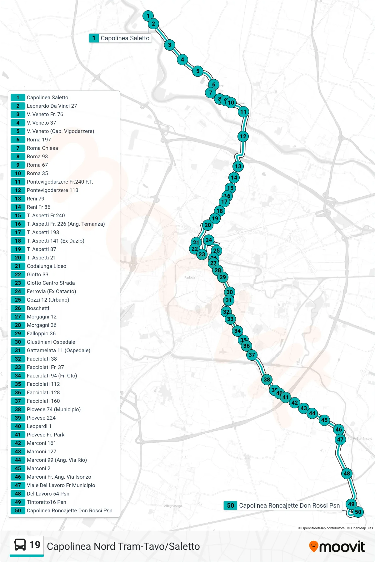 Linea 19 tram (Saletto > Capolinea Roncajette (Don Rossi Psn)) - Percorsi e fermate sulla mappa