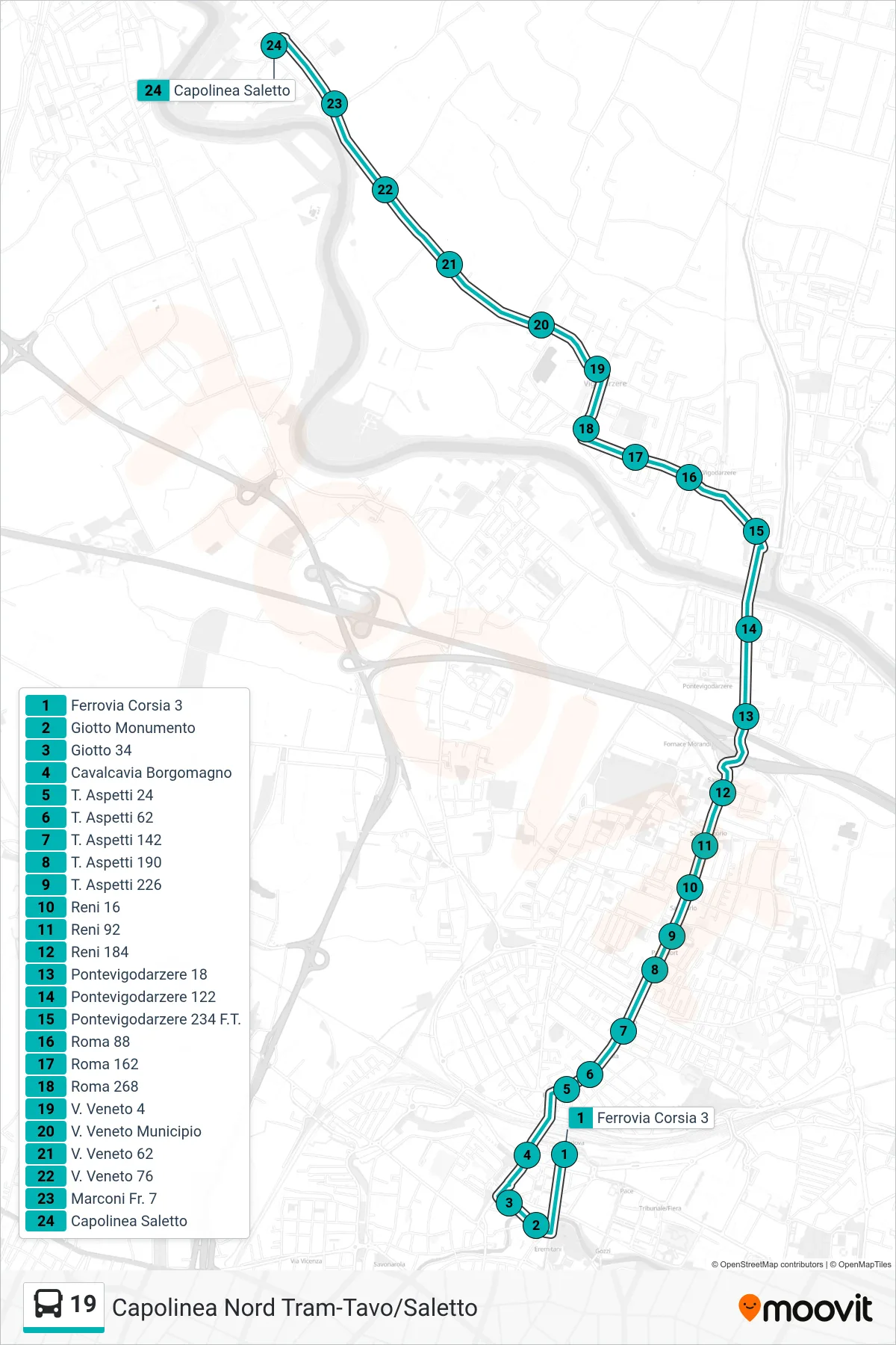Linea 19 tram (Ferrovia > Capolinea Saletto) - Percorsi e fermate sulla mappa
