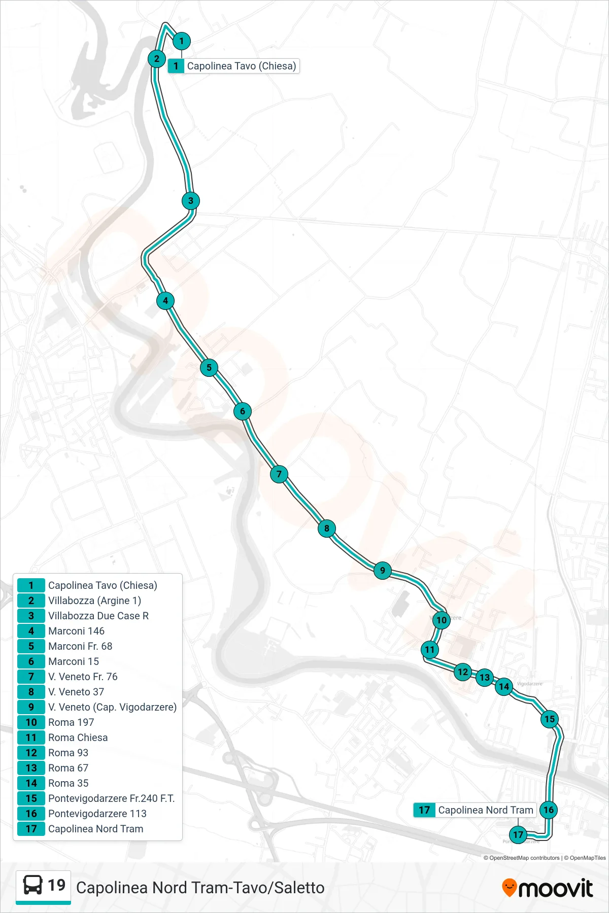 Linea 19 tram (Tavo > Capolinea Nord Tram) - Percorsi e fermate sulla mappa
