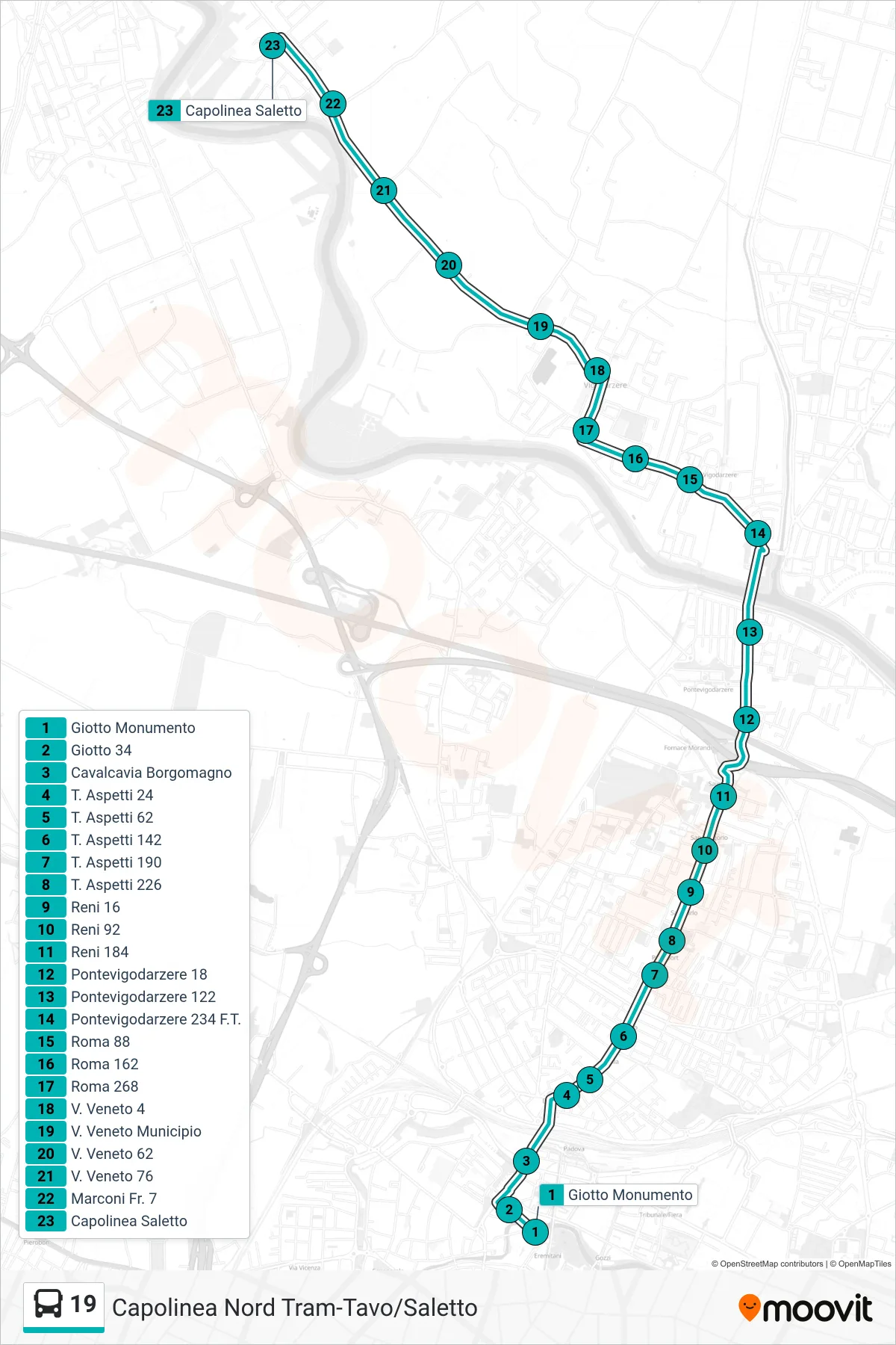 Linea 19 tram (Giotto monumento > Capolinea Saletto) - Percorsi e fermate sulla mappa