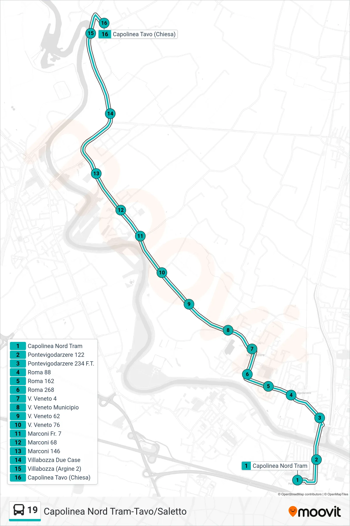 Linea 19 tram (Capolinea Nord Tram > Tavo (Chiesa)) - Percorsi e fermate sulla mappa