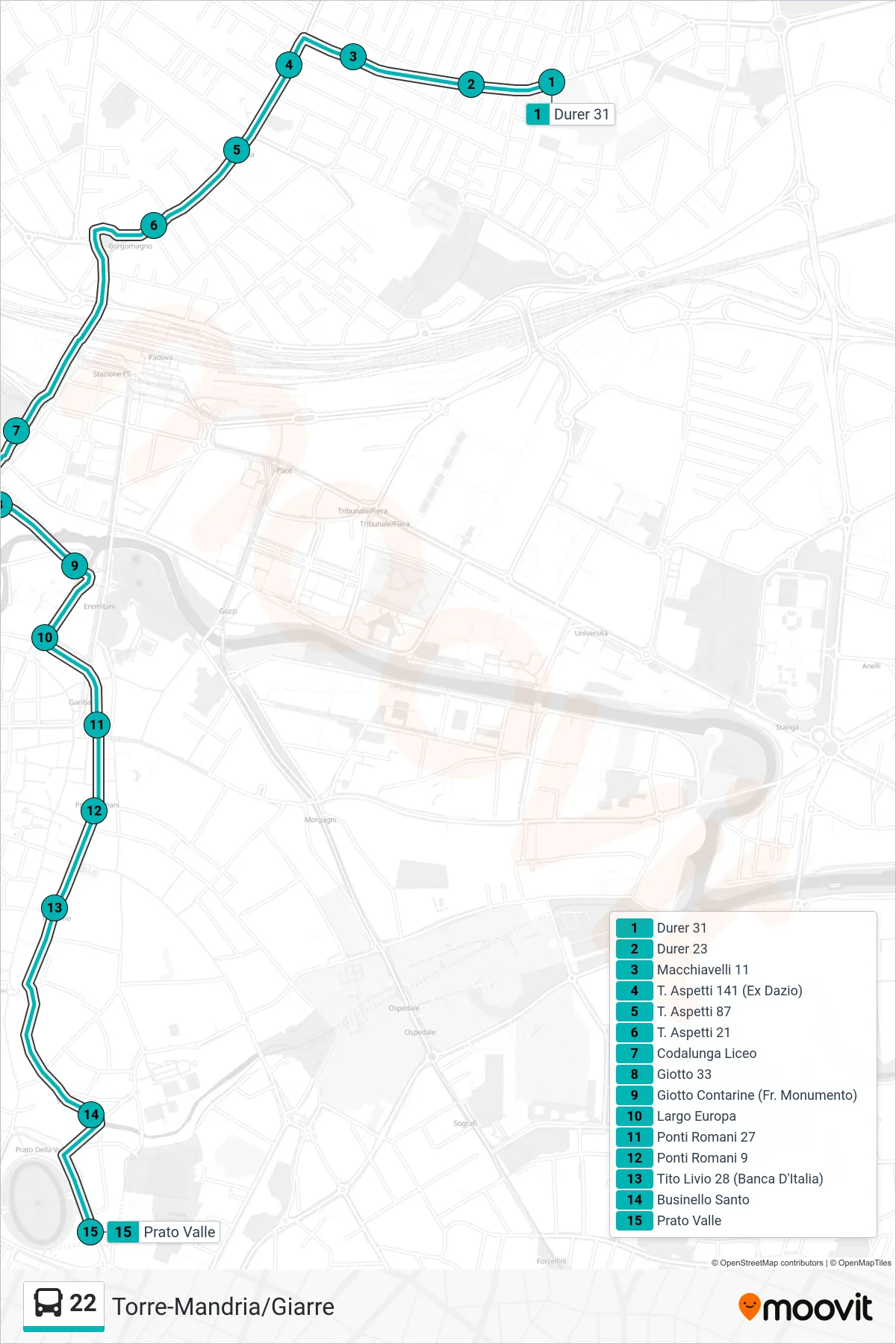 Linea 22  tram (Durer 31 > Prato Della Valle) - Percorsi e fermate sulla mappa